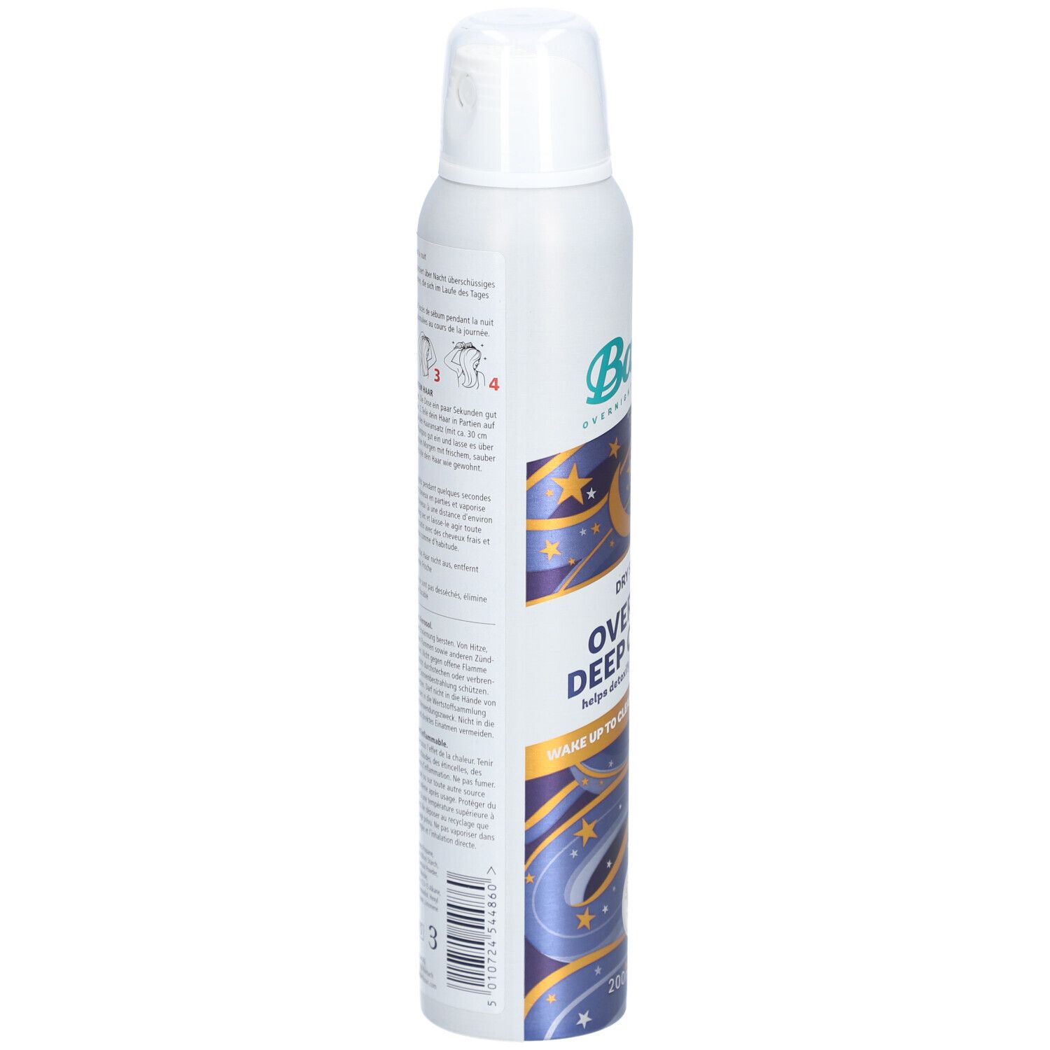Dos du flacon de shampooing sec. Texte et illustrations. Blanc, violet, étoiles. Logo Batiste.