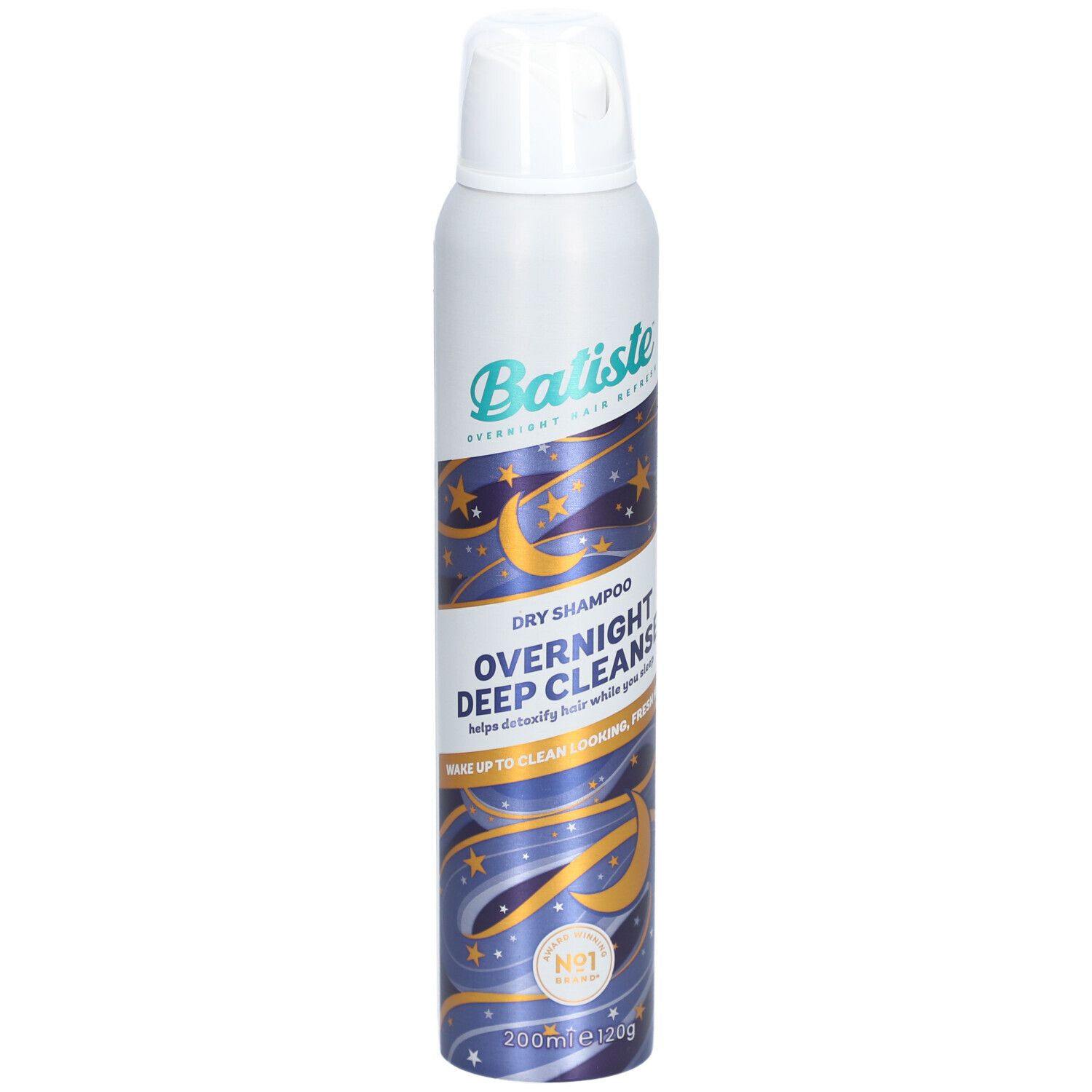 Flacon de shampooing sec Batiste. Design blanc et violet avec étoiles. Texte : Overnight Deep Cleanse. 200ml.