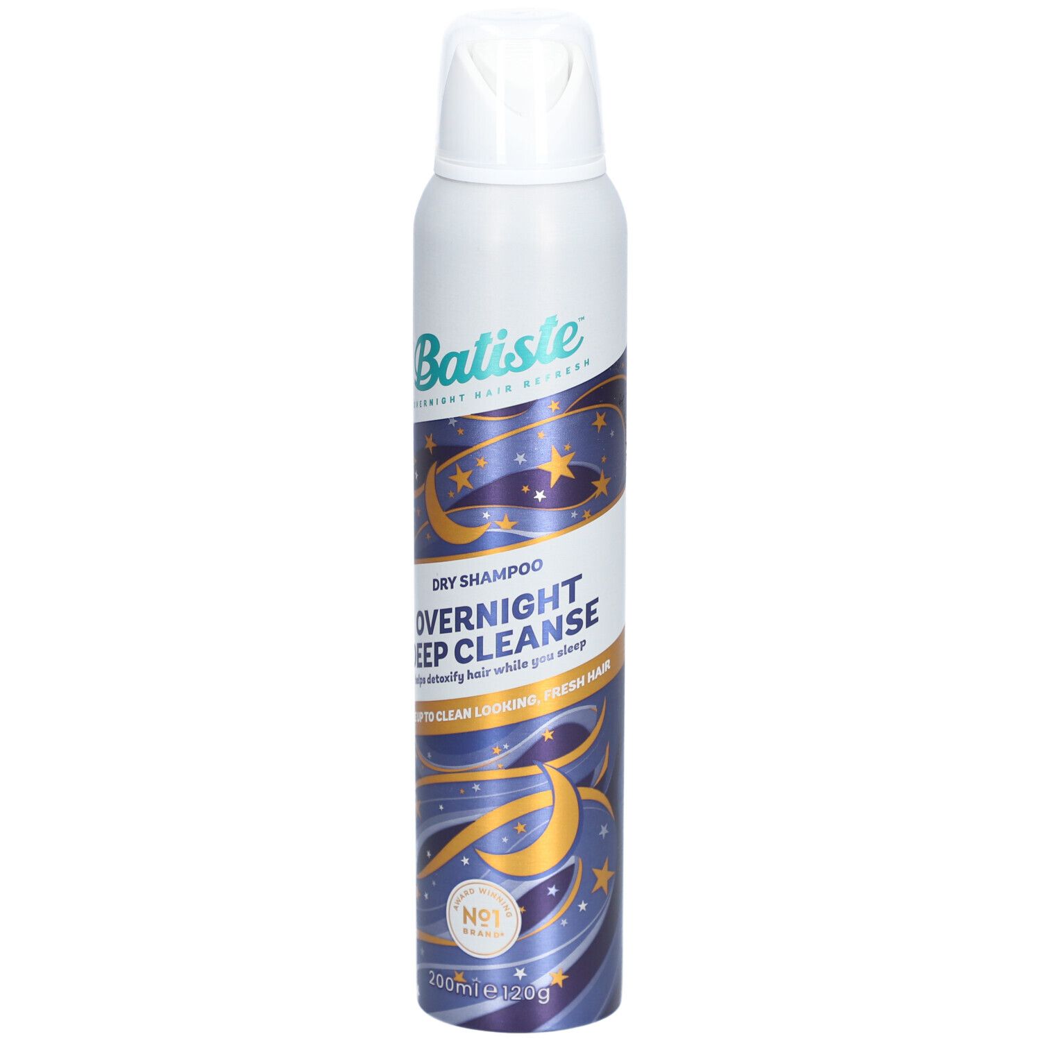 Flacon de shampooing sec Batiste. Design blanc et violet avec étoiles. Texte : Overnight Deep Cleanse. 200ml.