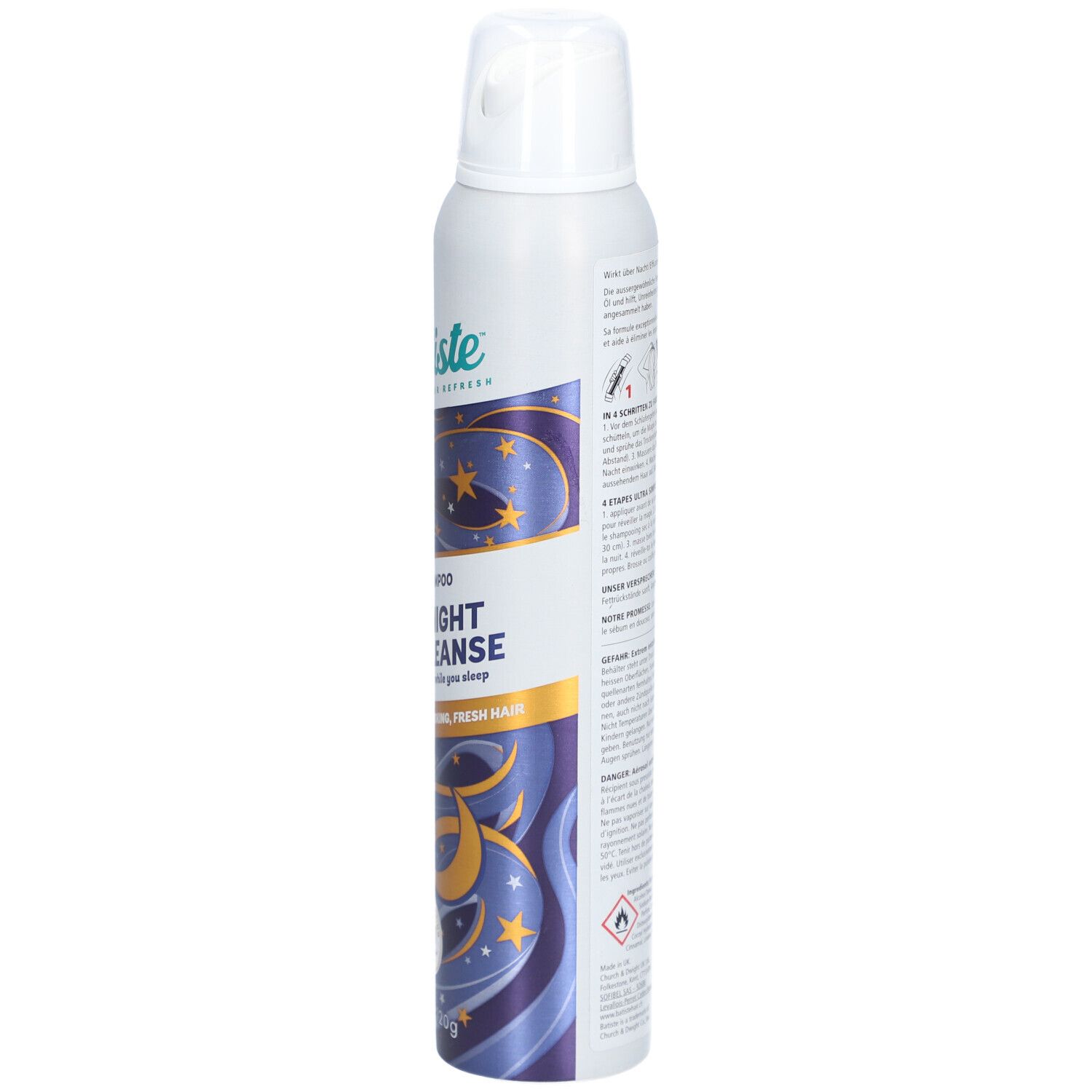 Dos du flacon de shampooing sec. Texte et illustrations. Blanc, violet, étoiles. Logo Batiste.