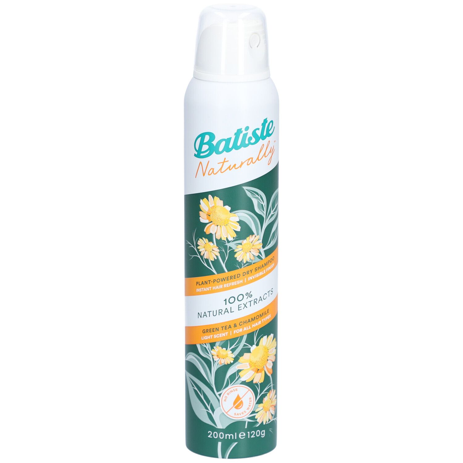 Weiß-grüne Sprühdose. Aufschrift: Batiste Naturally, 100% Natural Extracts, Grüner Tee & Kamille. Gelbe Blüten.