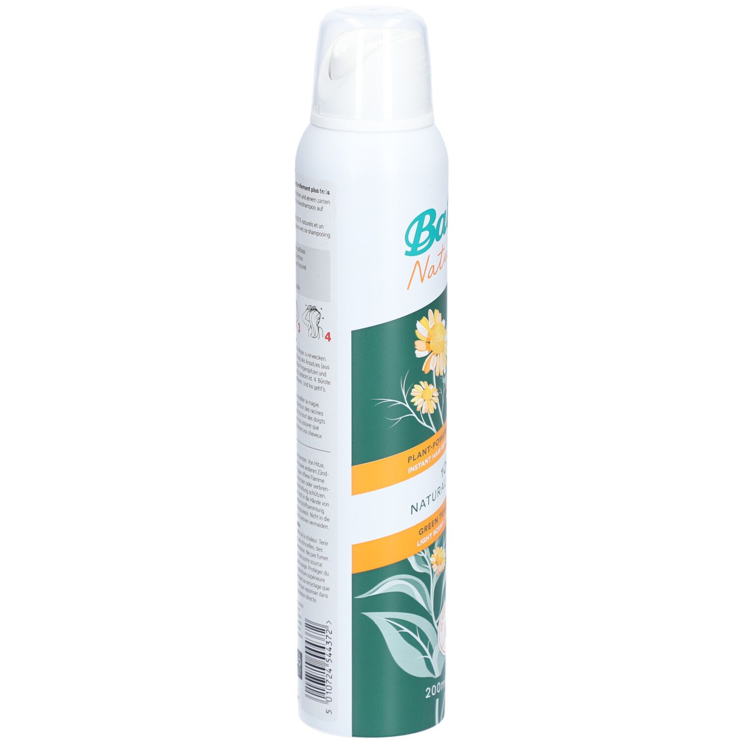 Seitenansicht der Sprühdose. Aufschrift: Batiste Naturally, 100% Natural Extracts, Grüner Tee & Kamille. Gelbe Blüten und Blätter.