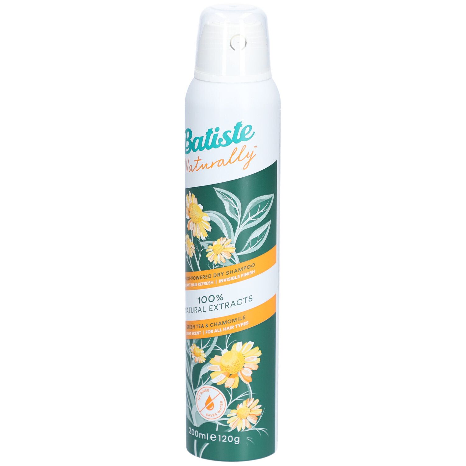 Weiß-grüne Sprühdose. Aufschrift: Batiste Naturally, 100% Natural Extracts, Grüner Tee & Kamille. Gelbe Blüten.