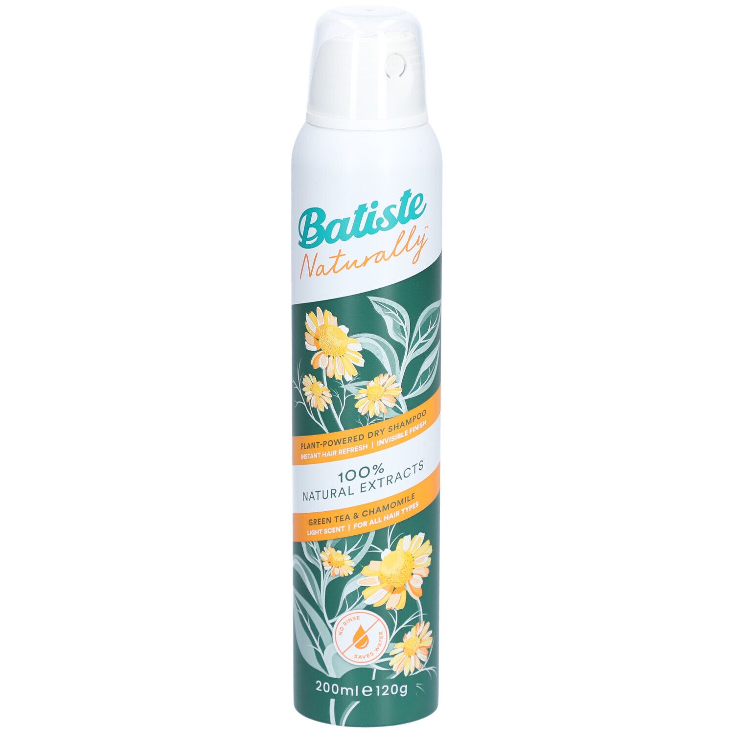 Weiß-grüne Sprühdose. Aufschrift: Batiste Naturally, 100% Natural Extracts, Grüner Tee & Kamille. Gelbe Blüten.