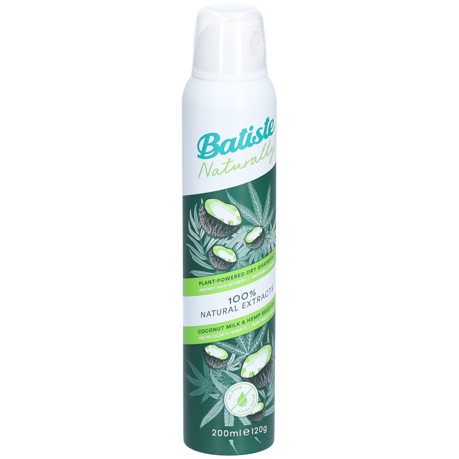 Trockenshampoo-Spraydose. Weiß, grün. Aufschrift: Batiste Naturally, 100% Natural Extracts, Kokosnussmilch & Hanföl. 200ml.