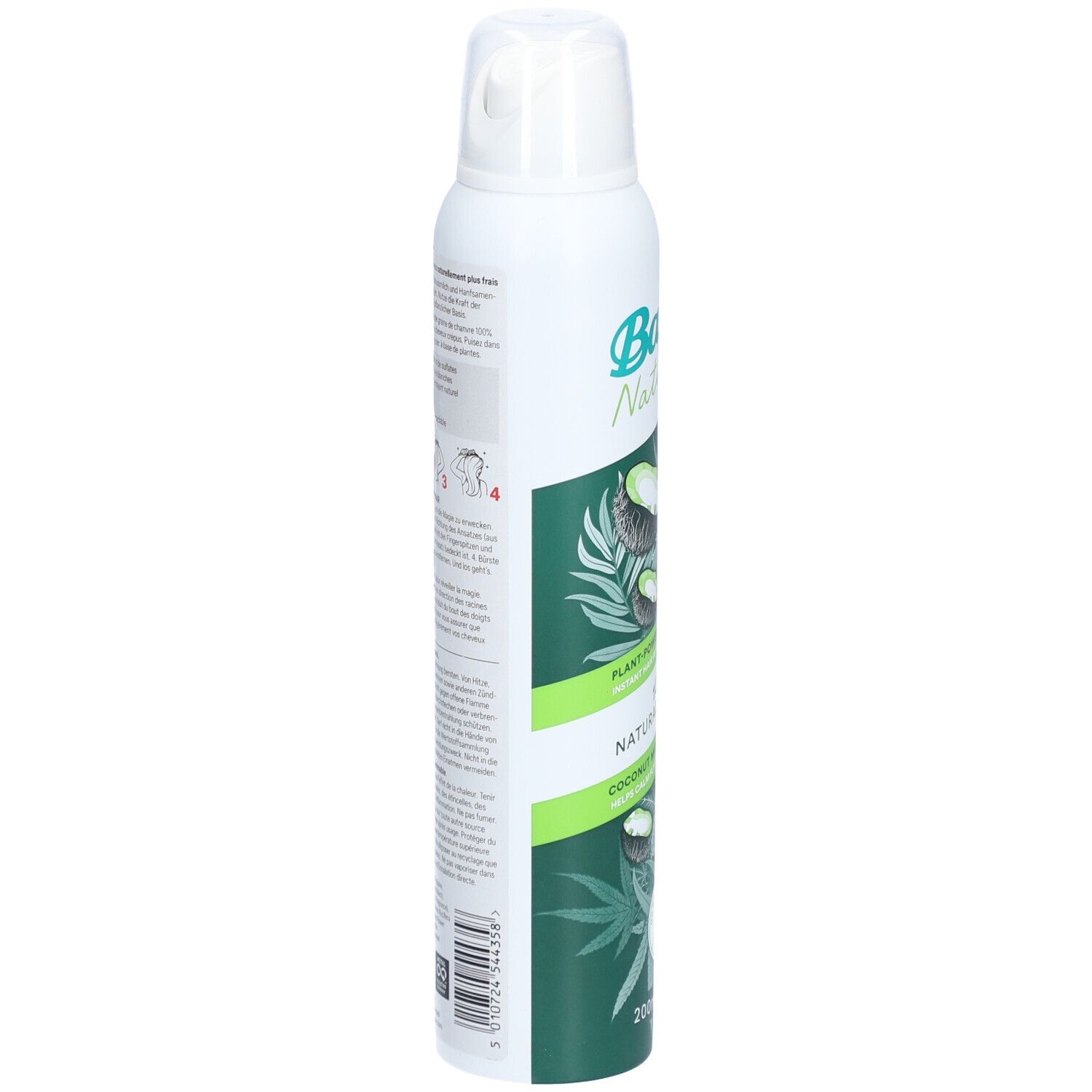 Trockenshampoo-Spraydose. Seite mit Text und Illustrationen. Weiß, grün. Produktinformationen und Anwendungshinweise.