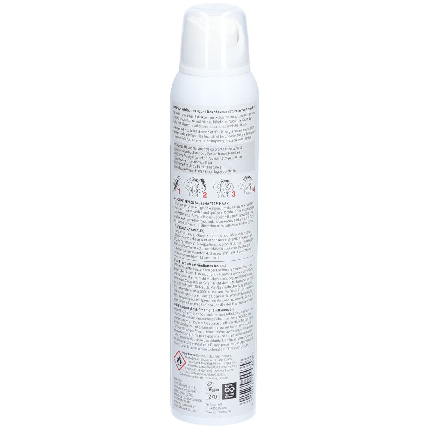 Trockenshampoo-Spraydose. Rückseite mit Text. Weiß, grün. Produktinformationen, Warnhinweise und Inhaltsstoffe.