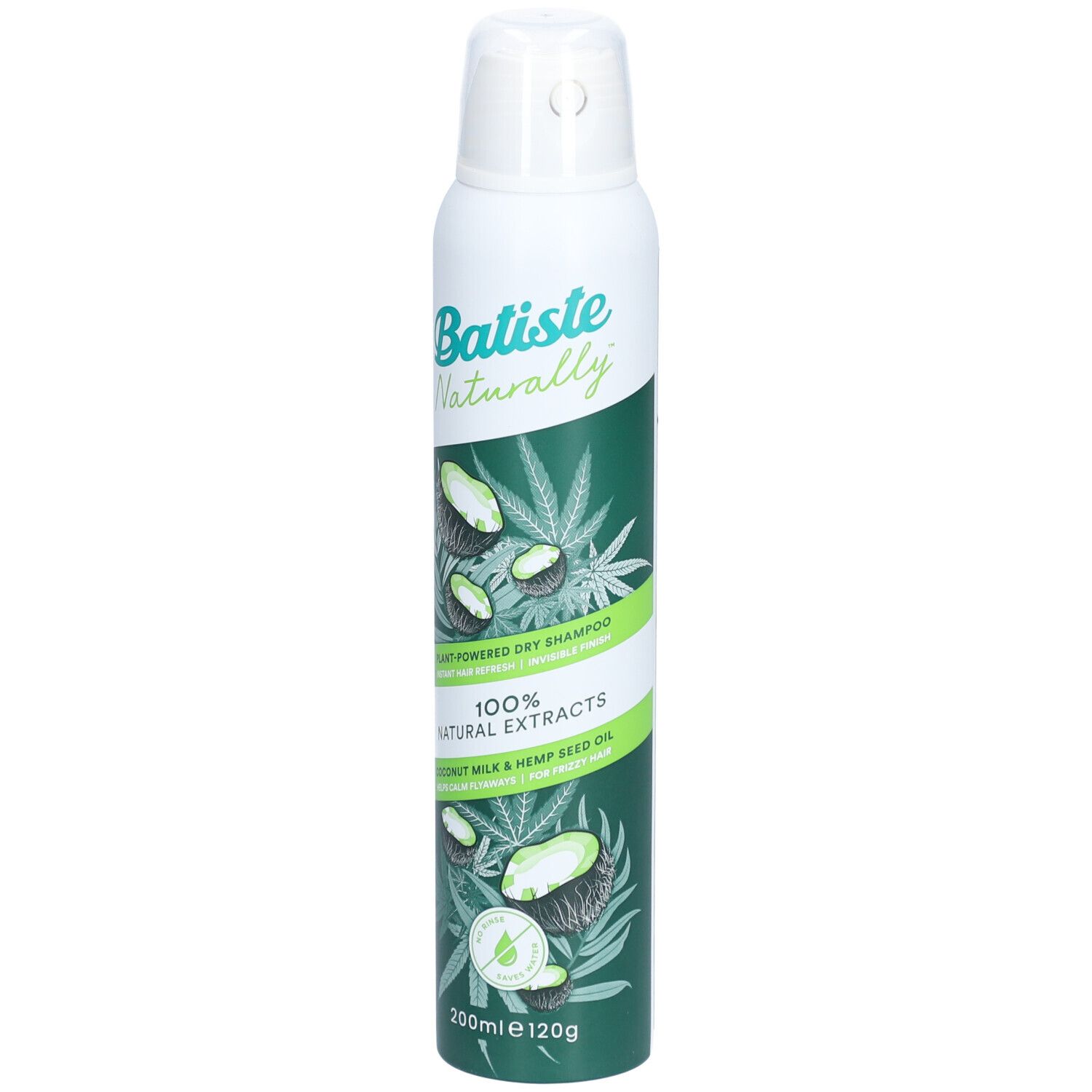 Trockenshampoo-Spraydose. Weiß, grün. Aufschrift: Batiste Naturally, 100% Natural Extracts, Kokosnussmilch & Hanföl. 200ml.