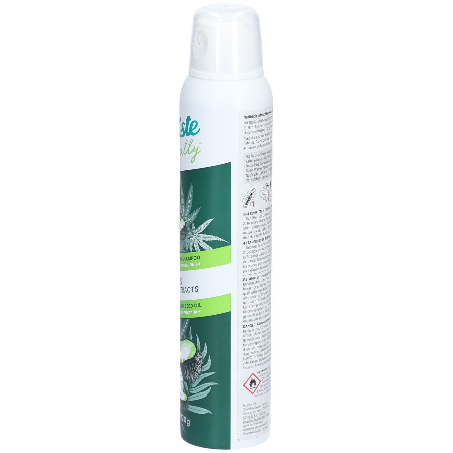 Trockenshampoo-Spraydose. Seite mit Text. Weiß, grün. Produktinformationen und Anwendungshinweise. Aufschrift: Batiste Naturally.