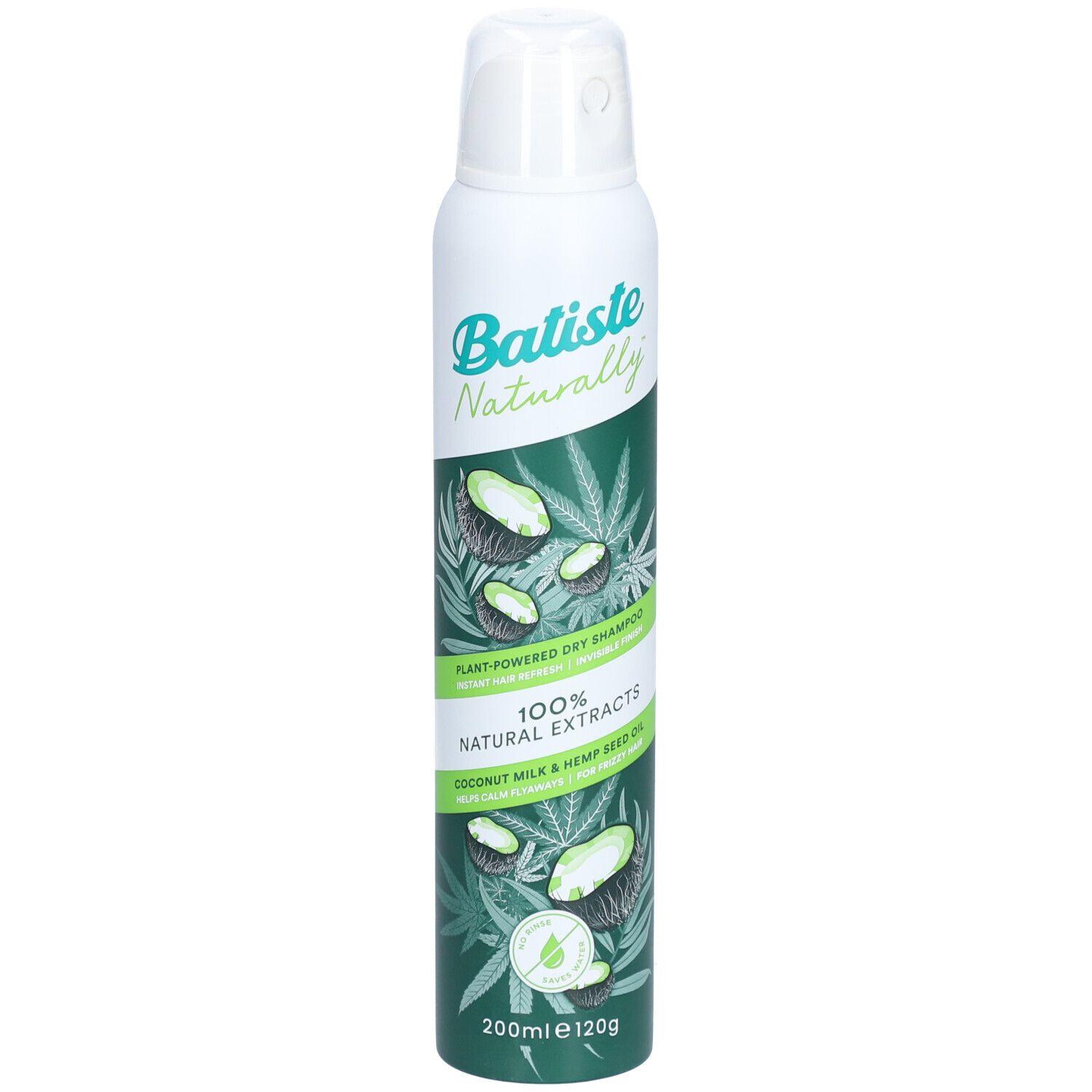 Trockenshampoo-Spraydose. Weiß, grün. Aufschrift: Batiste Naturally, 100% Natural Extracts, Kokosnussmilch & Hanföl. 200ml.