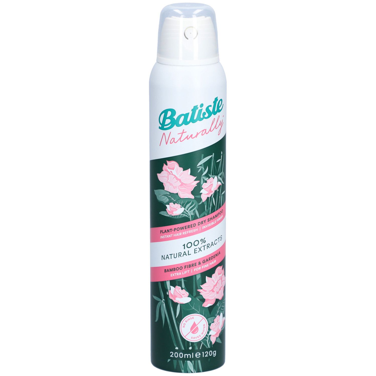 Trockenshampoo-Spraydose. Weiß, mit grün-rosa Design. Schriftzug: Batiste Naturally. Bambusfaser & Gardenia.