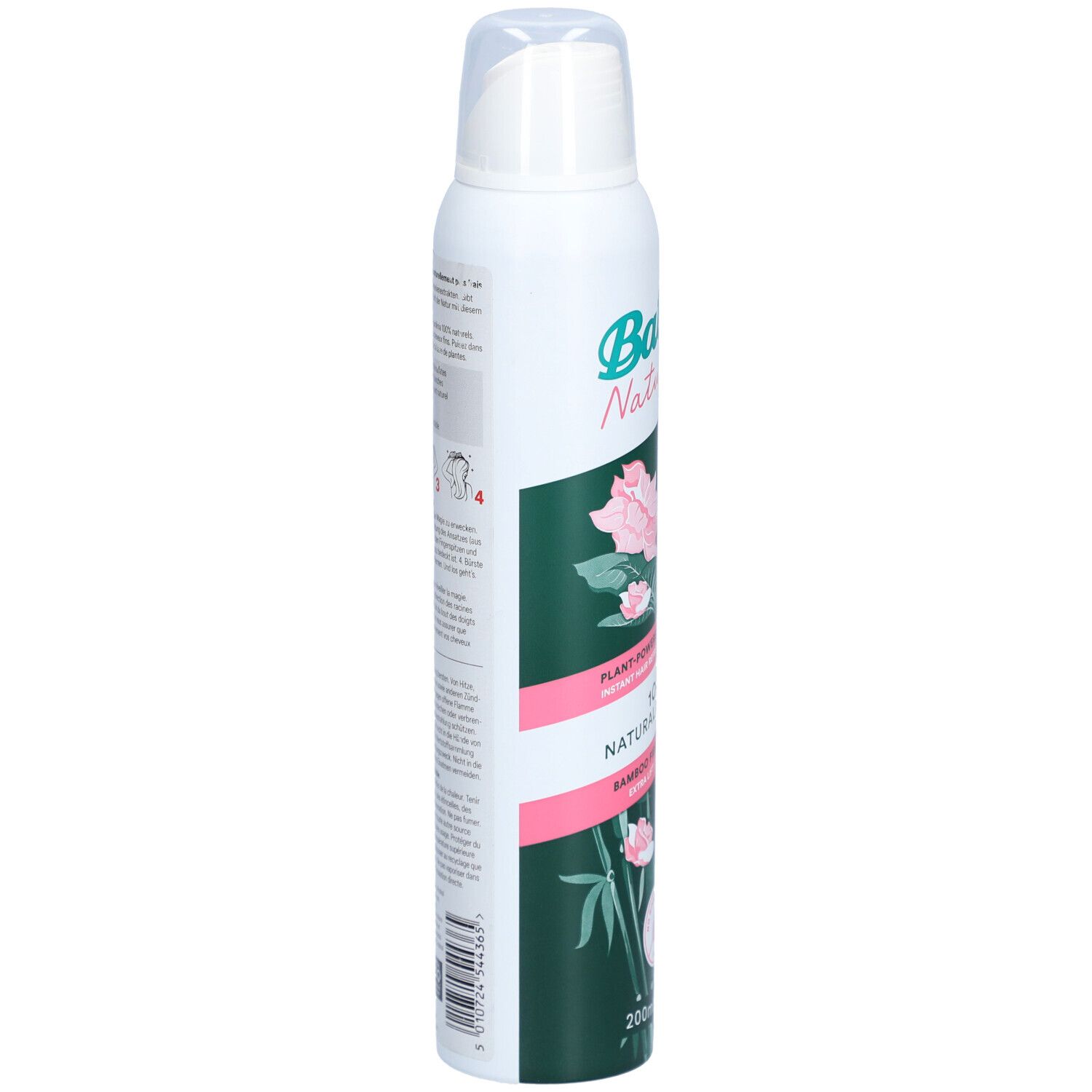 Trockenshampoo-Spraydose. Weiße Dose mit Text und Illustrationen. Seitliche Ansicht. Gebrauchsanweisung.
