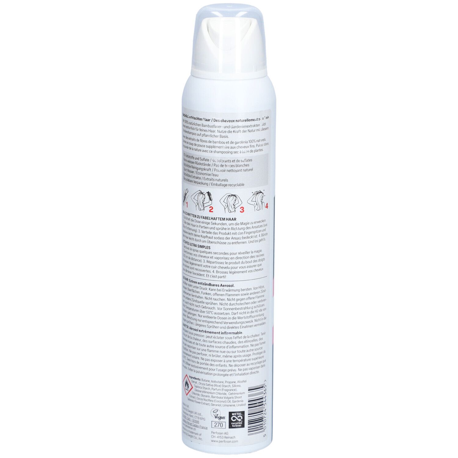 Trockenshampoo-Spraydose. Rückseite mit Text und Illustrationen. Gebrauchsanweisung und Inhaltsstoffe.