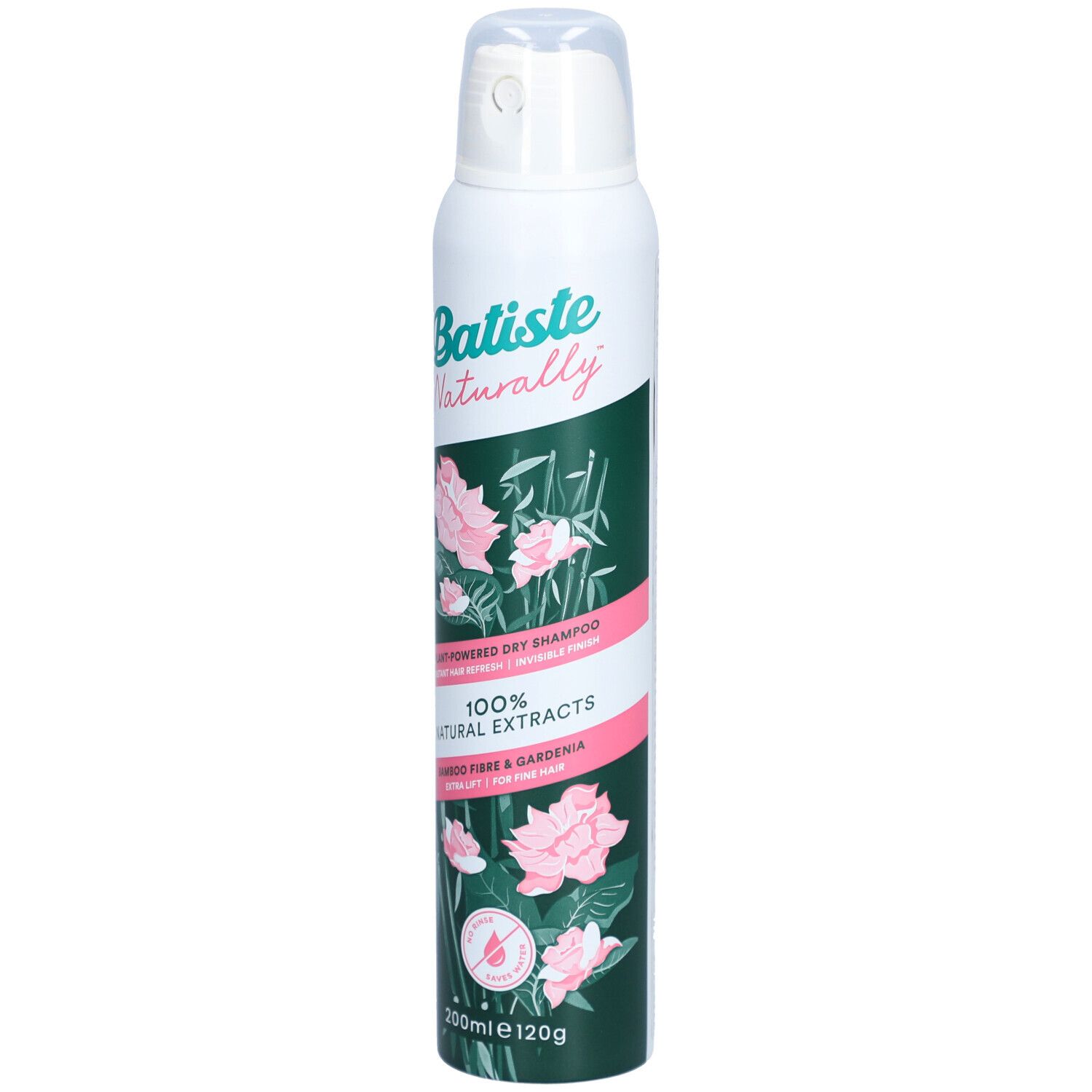 Trockenshampoo-Spraydose. Weiß, mit grün-rosa Design. Schriftzug: Batiste Naturally. Bambusfaser & Gardenia.