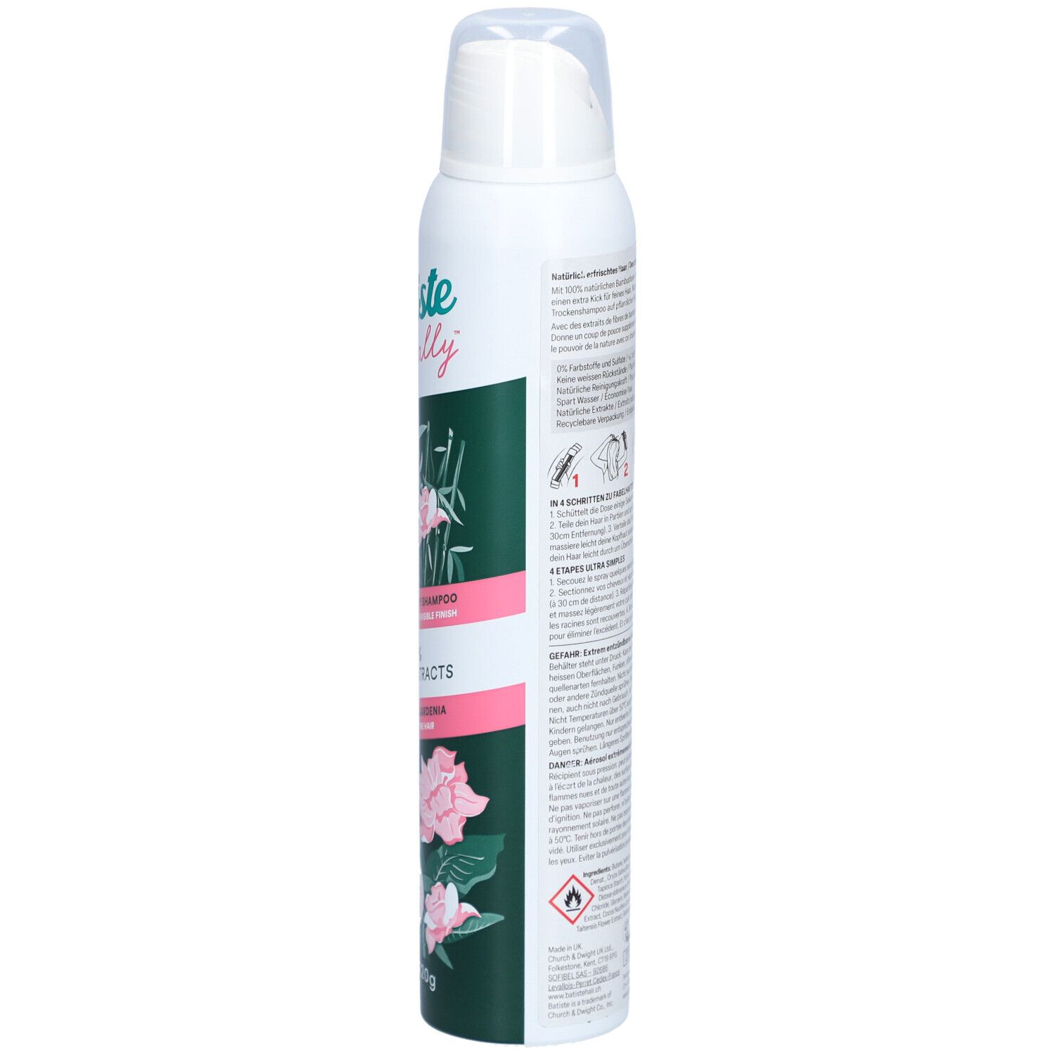 Trockenshampoo-Spraydose. Weiße Dose mit Text und Illustrationen. Seitliche Ansicht. Gebrauchsanweisung.