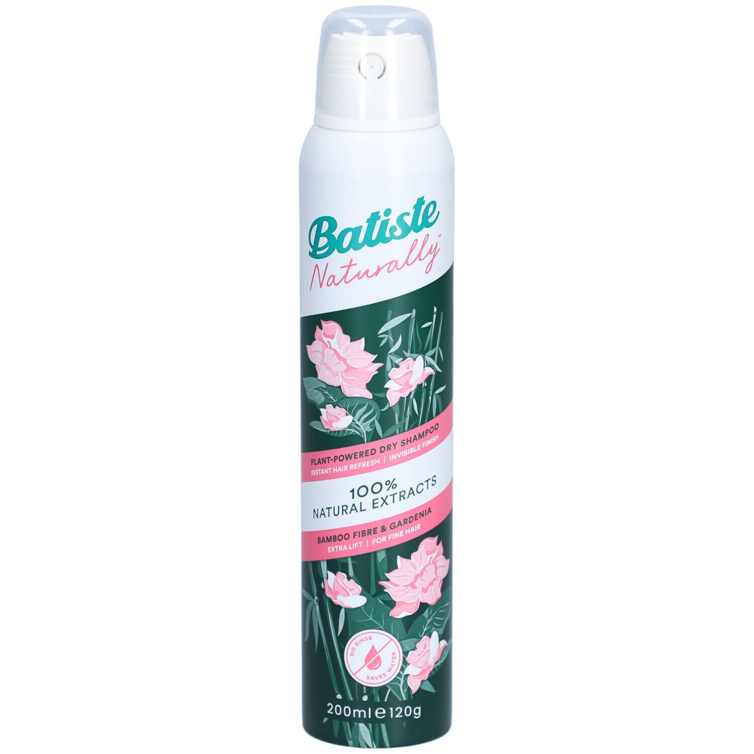 Trockenshampoo-Spraydose. Weiß, mit grün-rosa Design. Schriftzug: Batiste Naturally. Bambusfaser & Gardenia.
