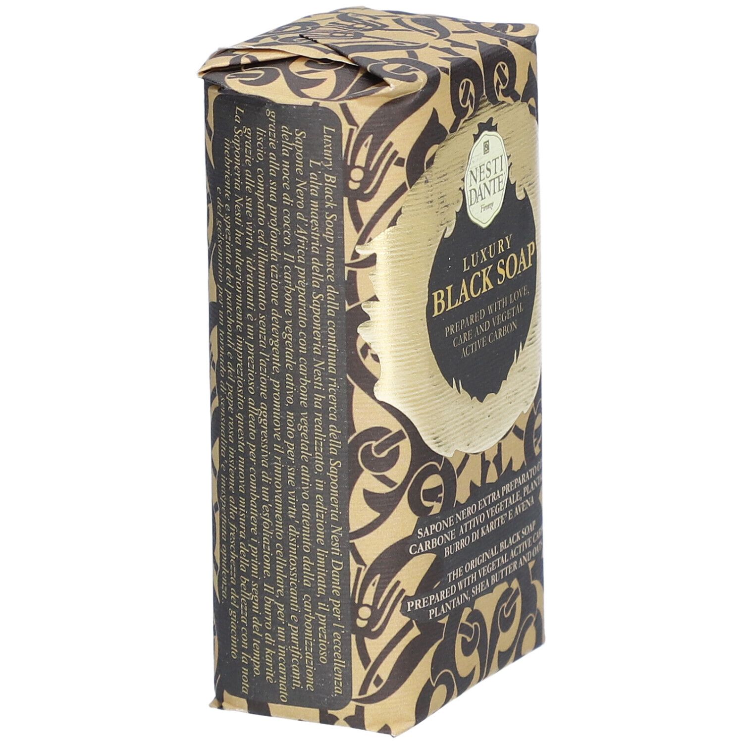 Verpackte Seife, Seitenansicht. Aufschrift: Nesti Dante, Luxury Black Soap. Mit Aktivkohle, Sheabutter und Hafer.
