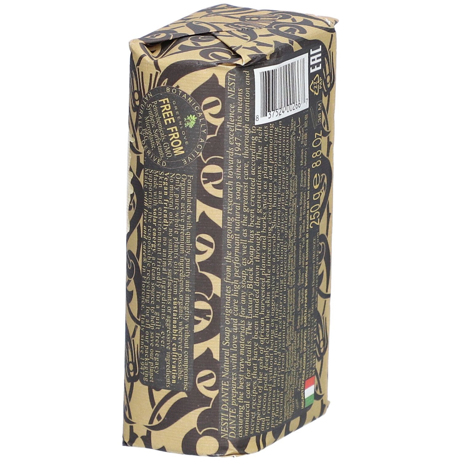 Verpackte Seife, Rückseite. Aufschrift: 250g 8.8oz. Mit Barcode und Inhaltsangaben in mehreren Sprachen.