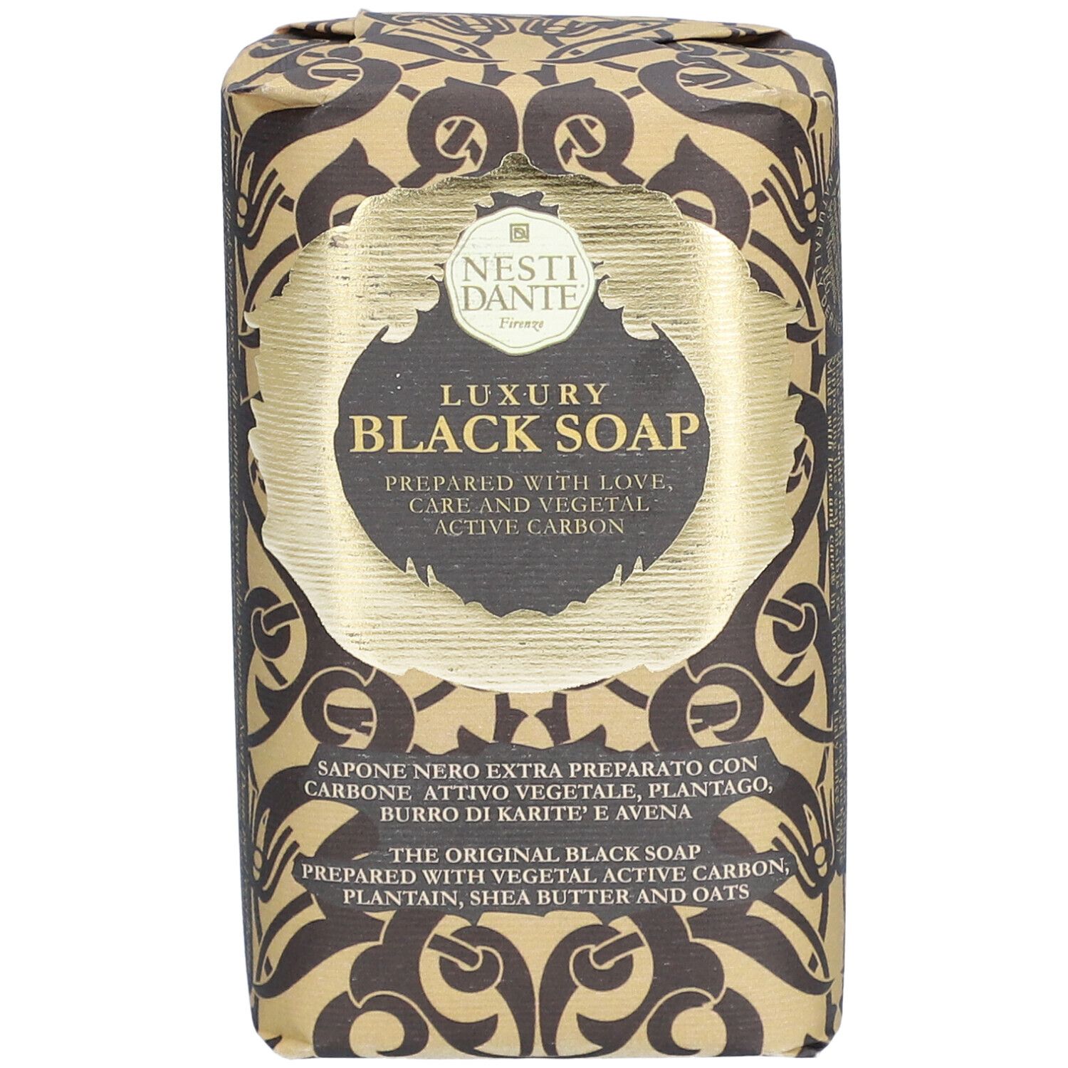 Verpackte Seife. Aufschrift: Nesti Dante, Luxury Black Soap. Mit Aktivkohle, Sheabutter und Hafer.