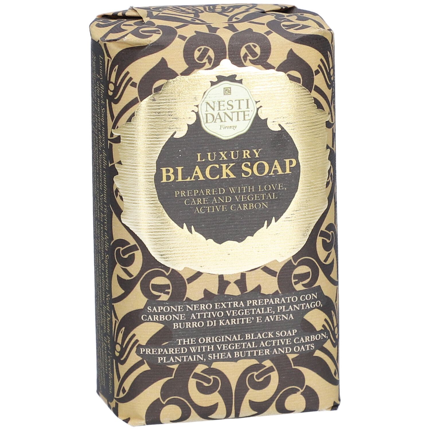 Verpackte Seife. Aufschrift: Nesti Dante, Luxury Black Soap. Mit Aktivkohle, Sheabutter und Hafer.