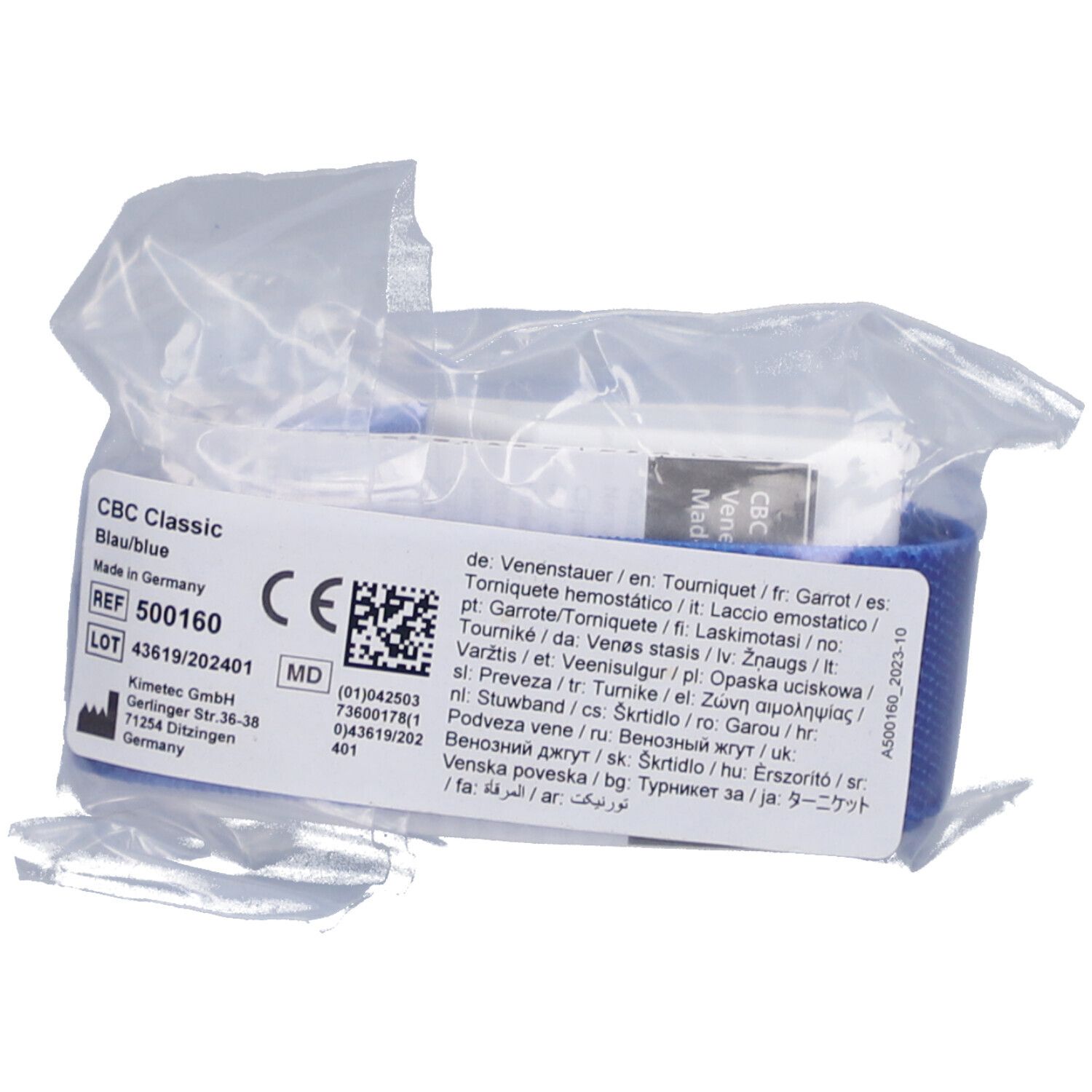 Garrot bleu en sachet plastique. Étiquette avec nom du produit, REF, LOT, CE.