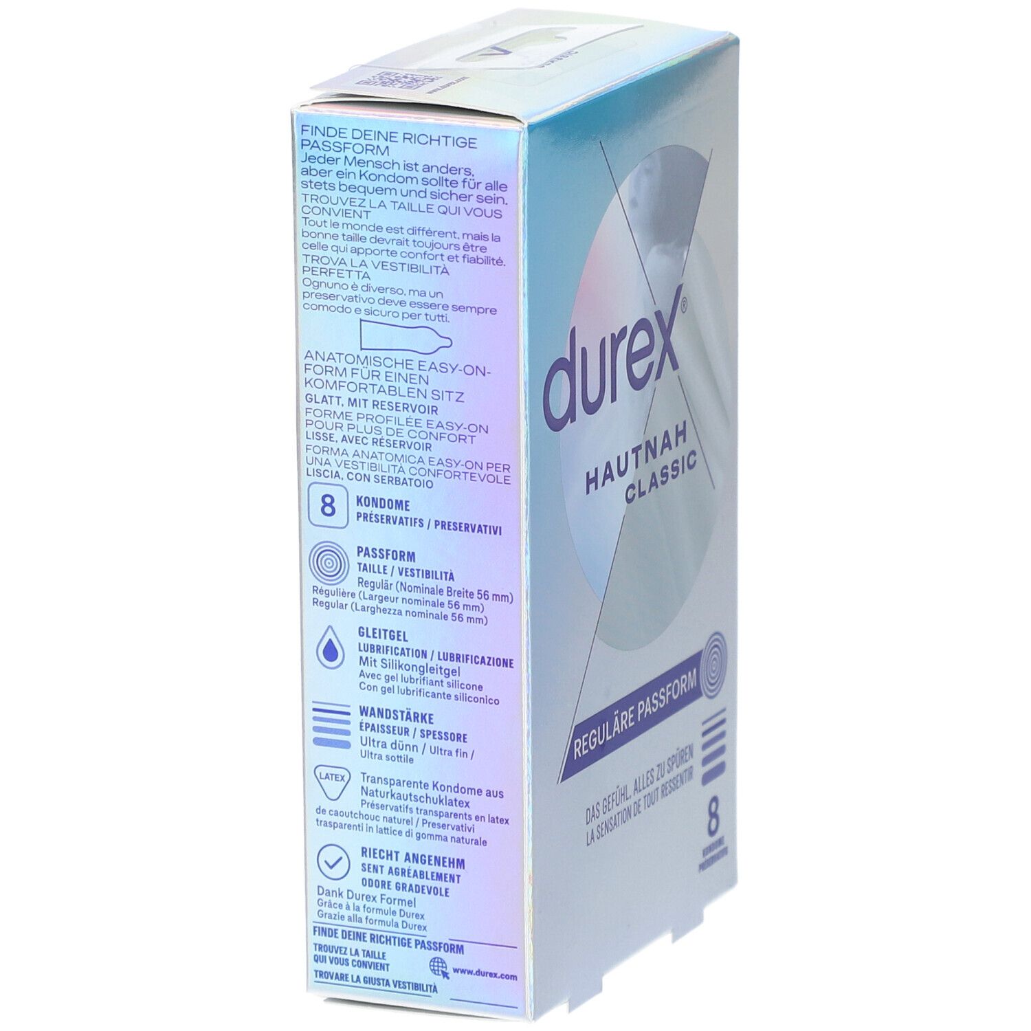 Boîte de préservatifs Durex Hautnah Classic, vue latérale. Contient 8 préservatifs. Inscription 'Reguläre Passform'.