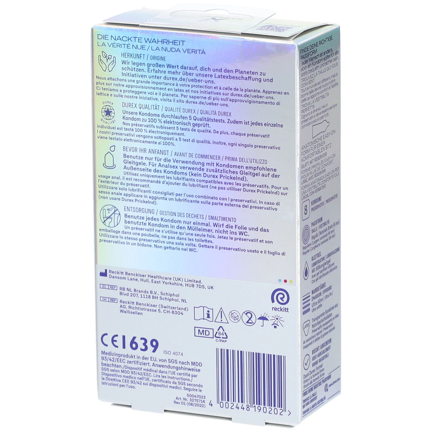 Dos de la boîte de préservatifs Durex Hautnah Classic. Texte et logos. Marquage CE.
