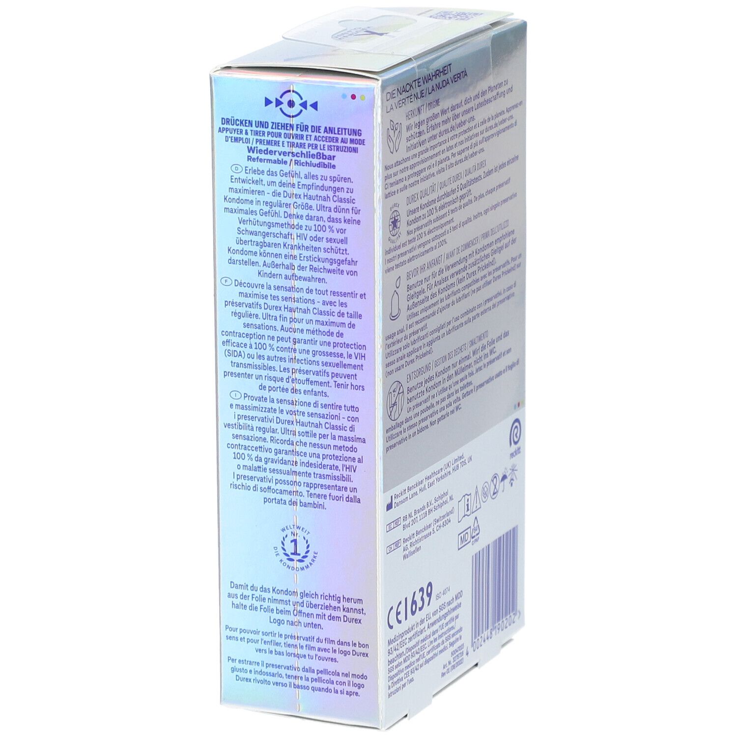 Boîte de préservatifs Durex Hautnah Classic, détail. Texte et logos. Marquage CE.