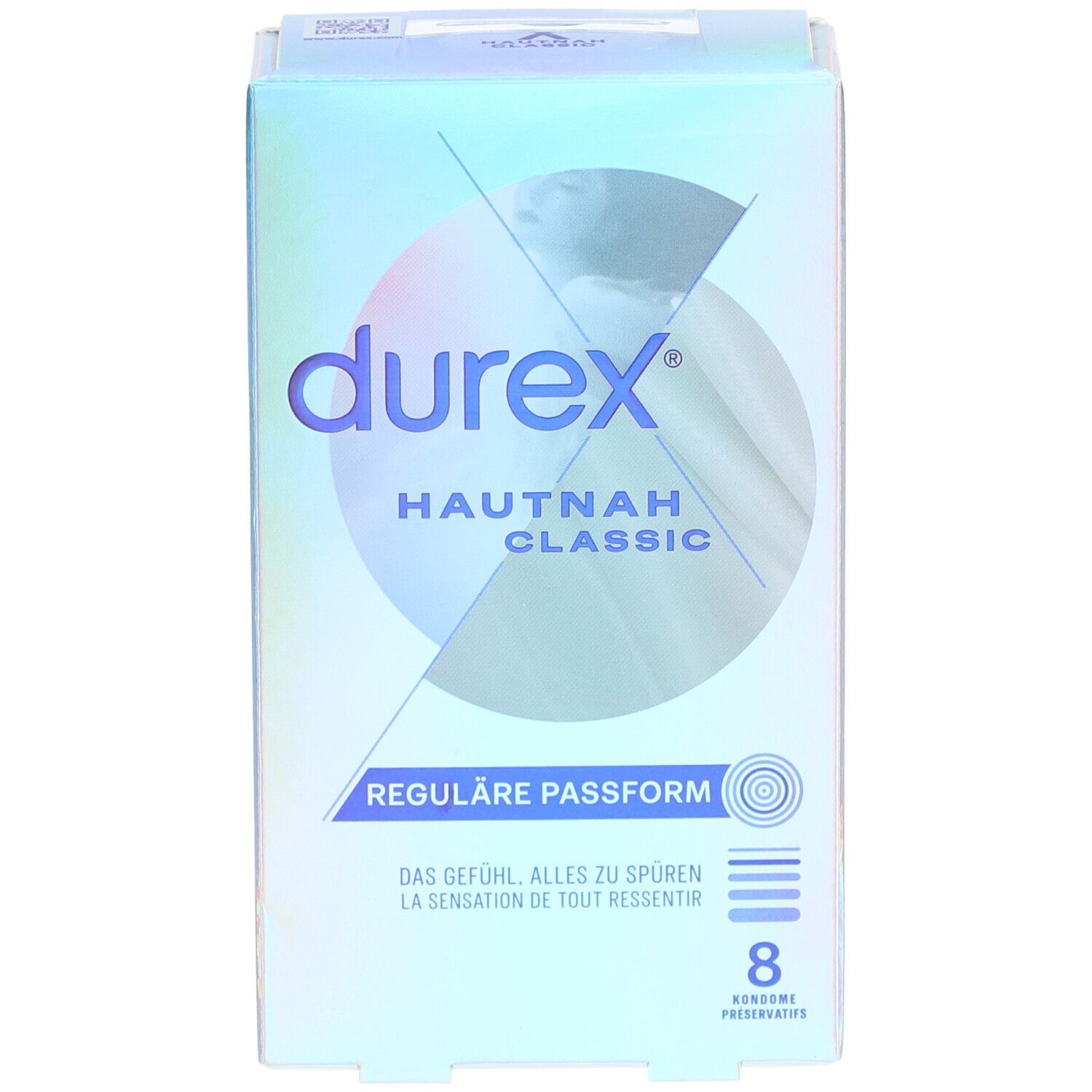 Boîte de préservatifs Durex Hautnah Classic, face avant. Contient 8 préservatifs. Inscription 'Reguläre Passform'.