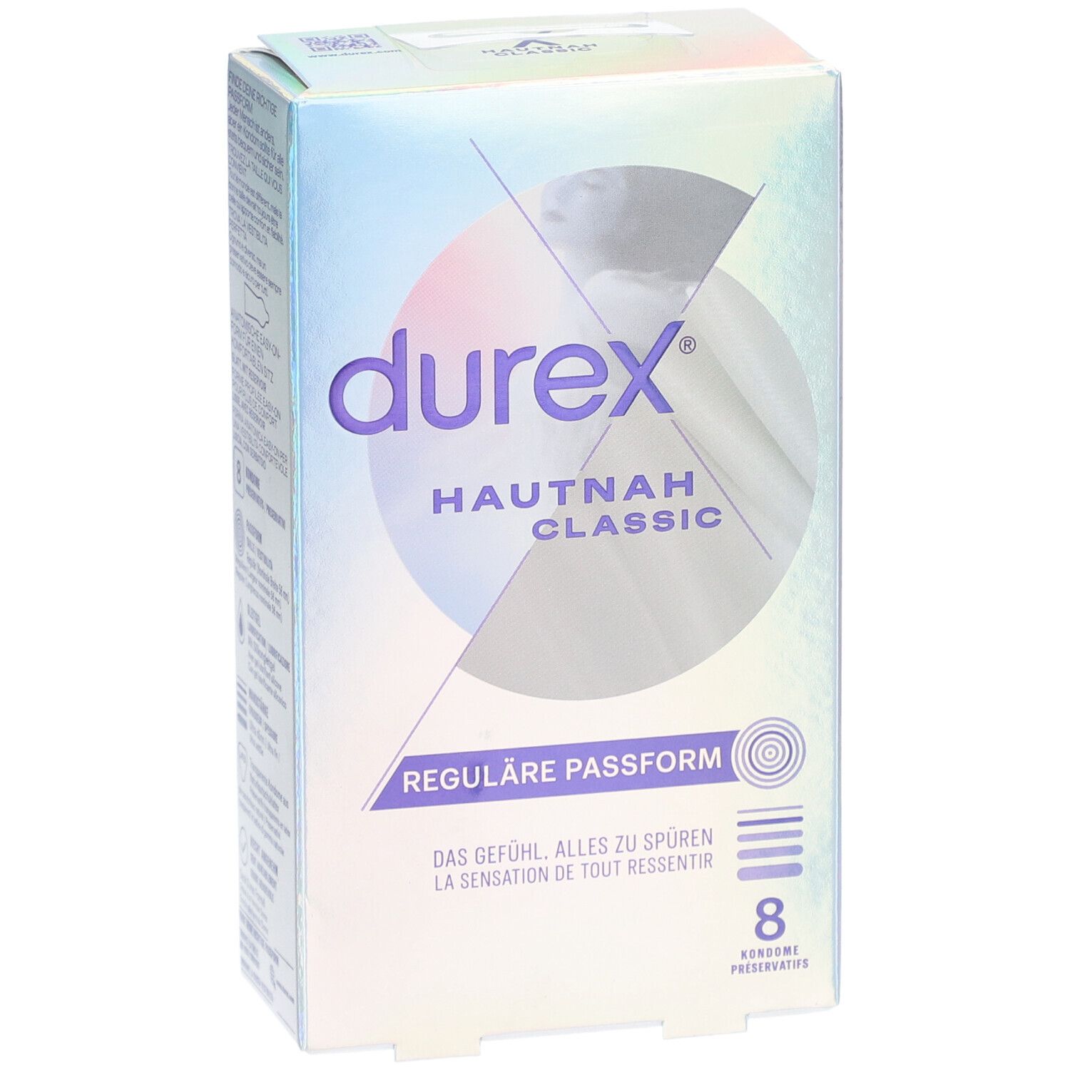 Boîte de préservatifs Durex Hautnah Classic, vue en biais. Contient 8 préservatifs. Inscription 'Reguläre Passform'.