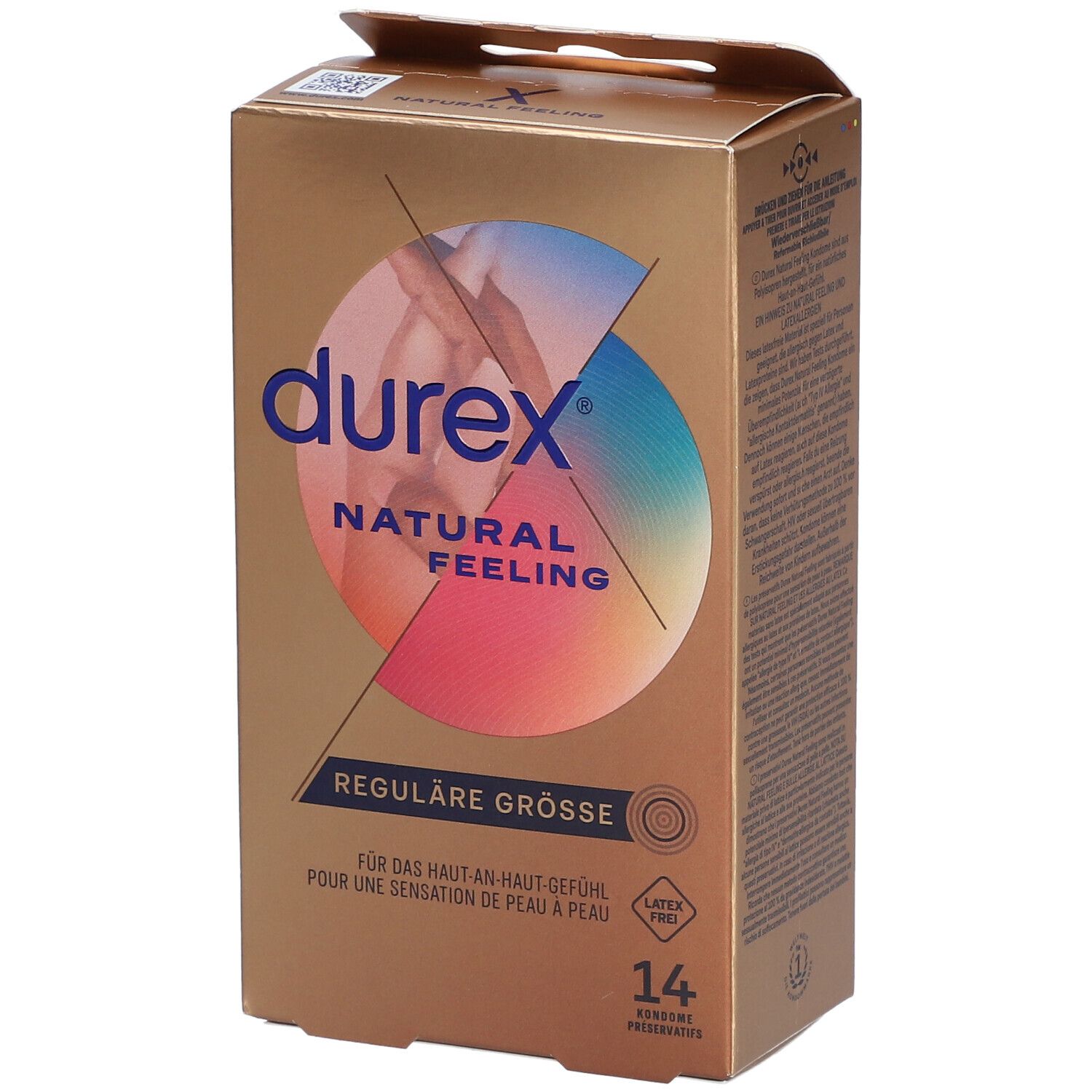 Goldfarbene Schachtel mit Durex-Logo und Schriftzug 'Natural Feeling'. Enthält 14 Kondome. 'Reguläre Größe'.