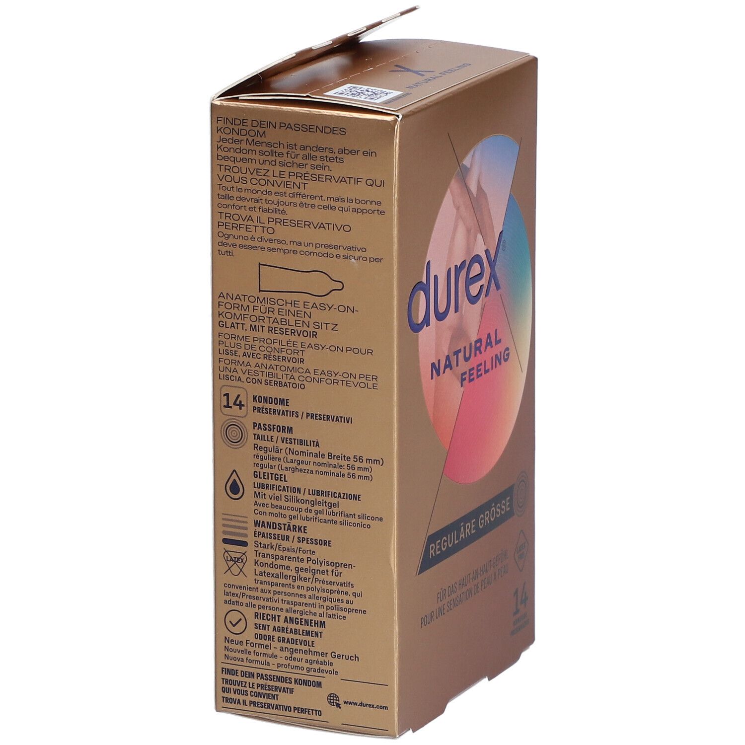 Goldfarbene Schachtel mit Durex-Logo und Text. Enthält 14 Kondome. Details zu Form, Größe und Inhaltsstoffen.