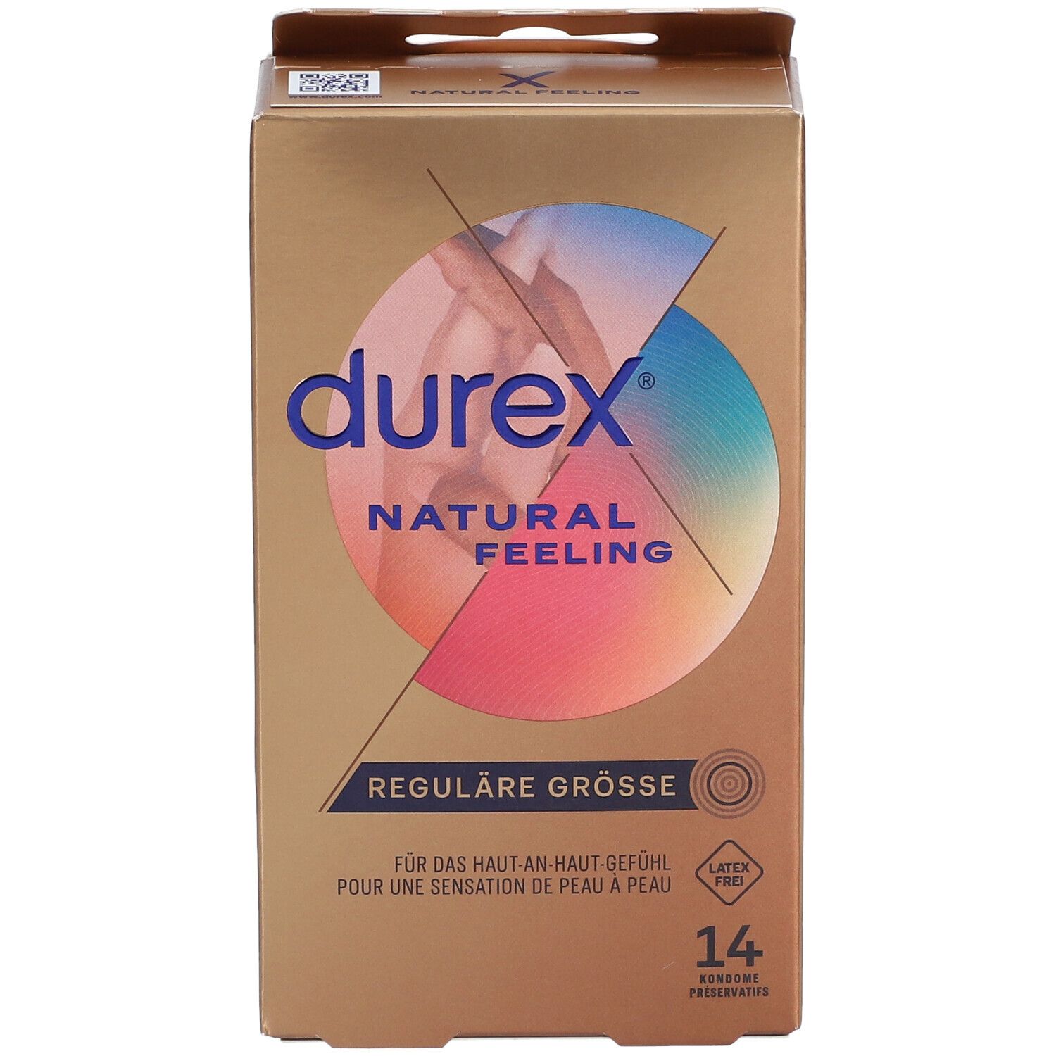 Goldfarbene Schachtel mit Durex-Logo und Schriftzug 'Natural Feeling'. Enthält 14 Kondome. 'Reguläre Größe'.