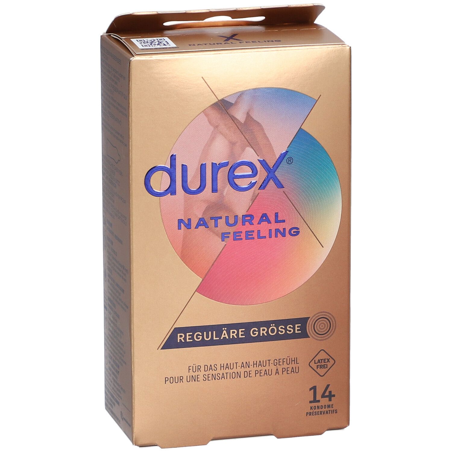 Goldfarbene Schachtel mit Durex-Logo und Schriftzug 'Natural Feeling'. Enthält 14 Kondome. 'Reguläre Größe'.