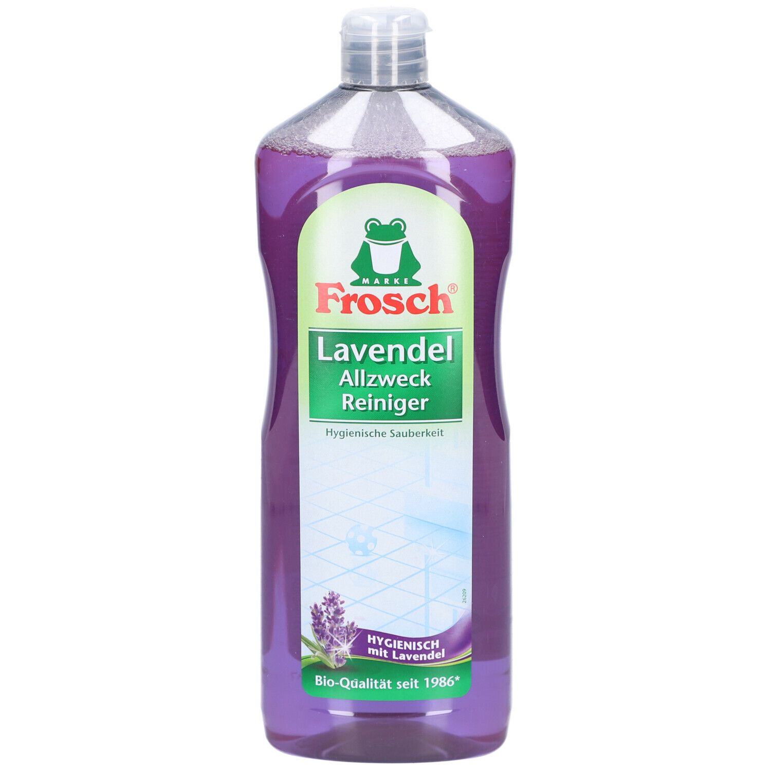 Flasche FROSCH Allzweck Reiniger Lavendel. Violette Flüssigkeit, grünes Etikett mit Frosch-Logo und Produktbezeichnung.