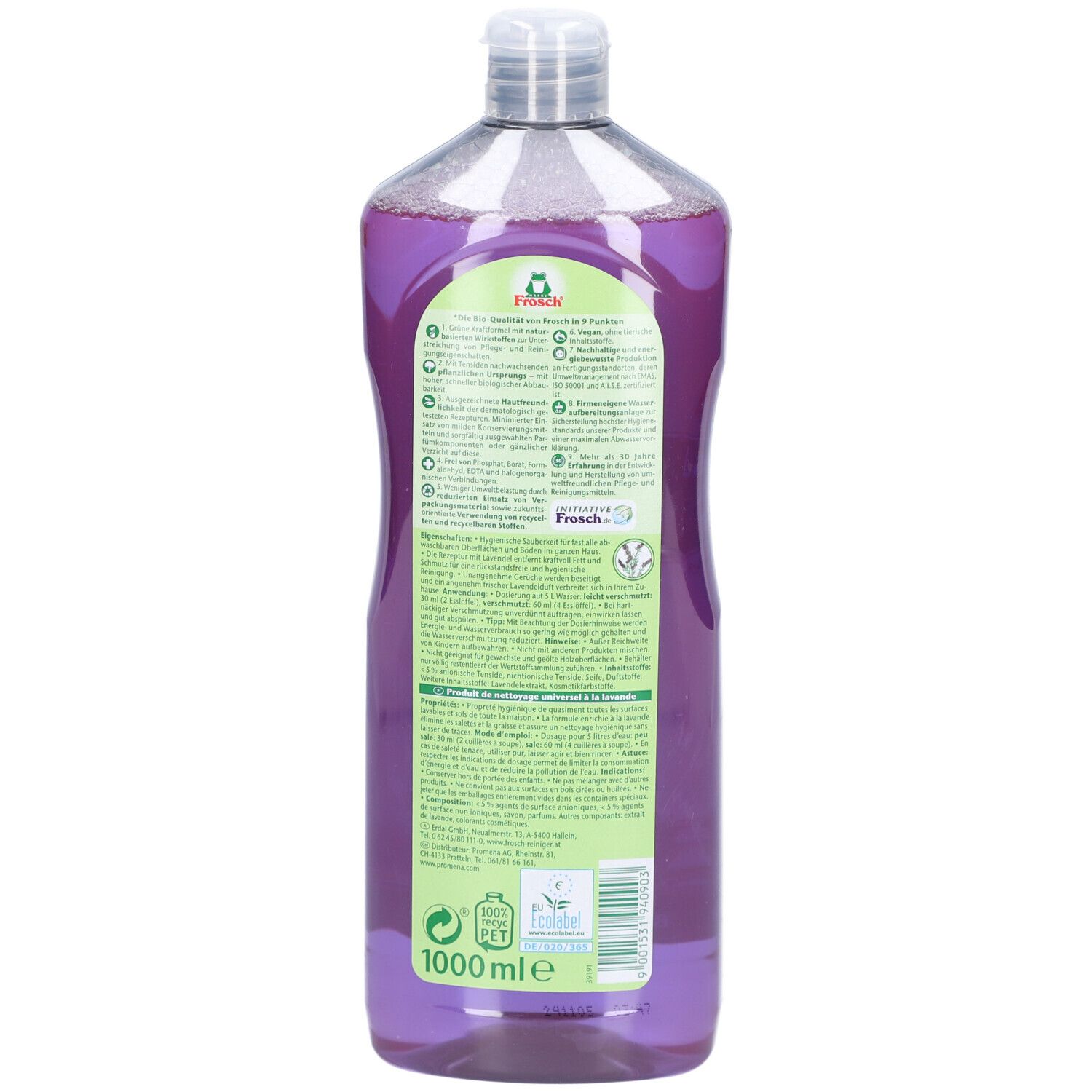 Rückseite der FROSCH Allzweck Reiniger Lavendel Flasche. Grüne Etikett mit Text, Recycling-Symbol und Volumenangabe.