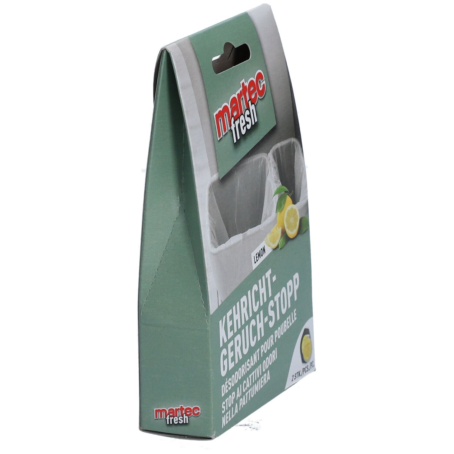 Vue oblique de l'emballage MARTEC fresh Kehricht-Geruch-Stopp. Emballage vert et blanc avec impression. Nom du produit en allemand, français et italien.