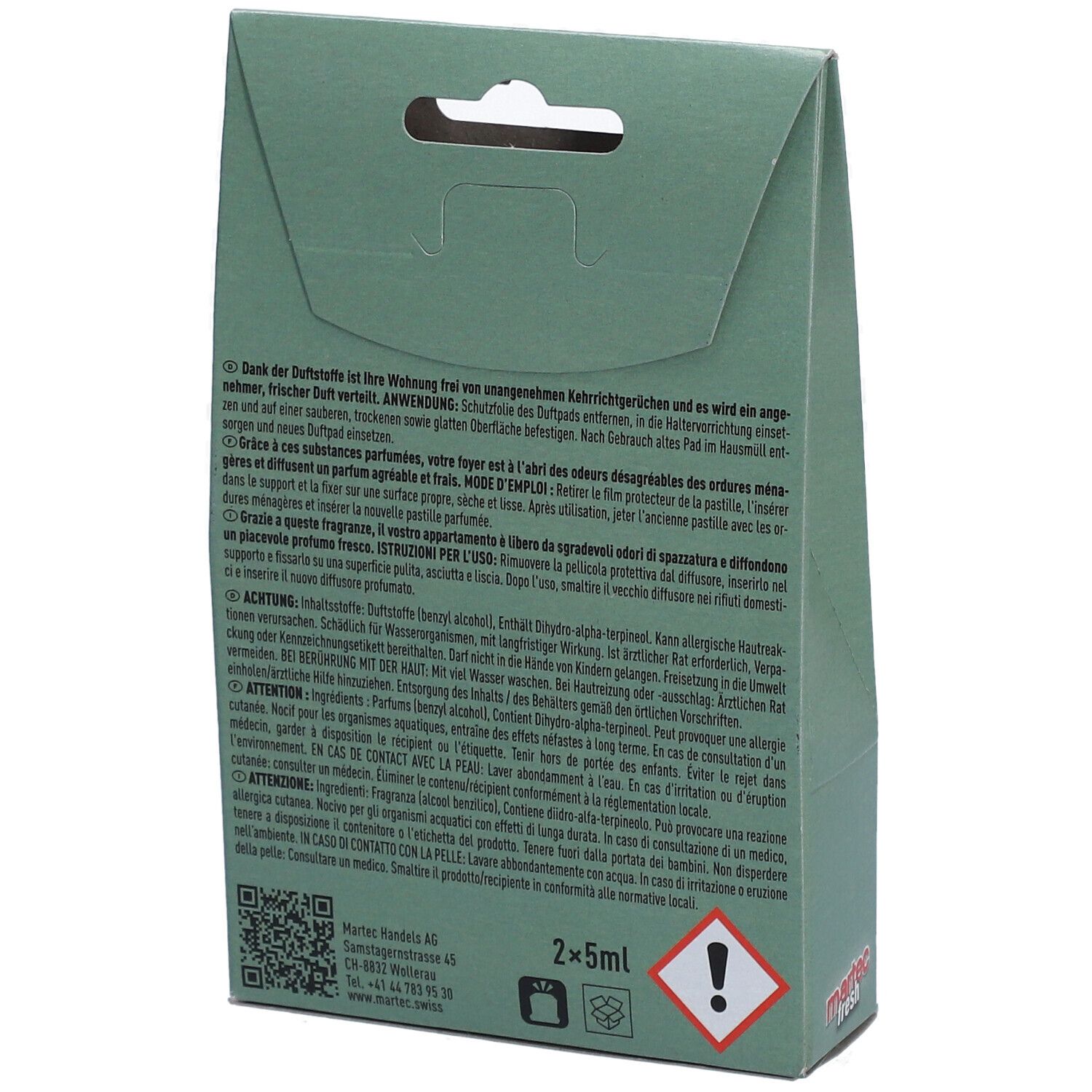 Dos de l'emballage MARTEC fresh Kehricht-Geruch-Stopp. Texte en plusieurs langues. Avertissement et quantité 2x5ml.