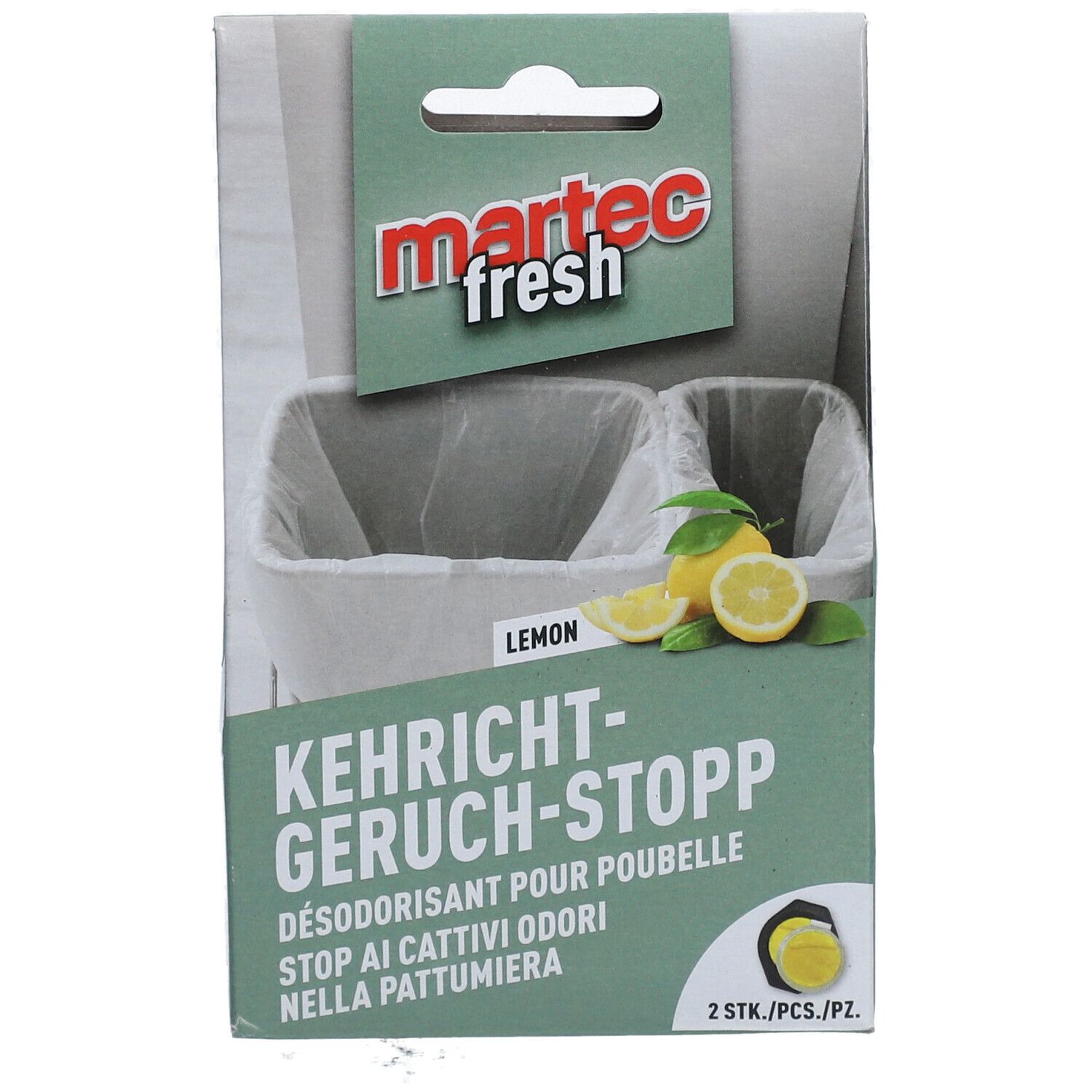 Vue de face de l'emballage MARTEC fresh Kehricht-Geruch-Stopp. Emballage vert et blanc avec impression. Nom du produit en allemand, français et italien.