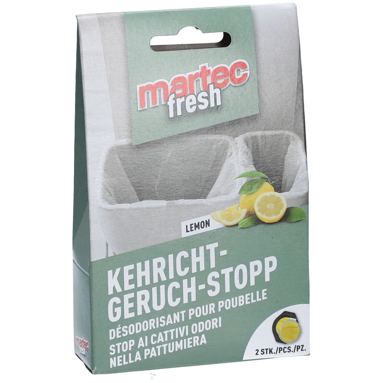 Vue de face de l'emballage MARTEC fresh Kehricht-Geruch-Stopp. Emballage vert et blanc avec impression. Nom du produit en allemand, français et italien.