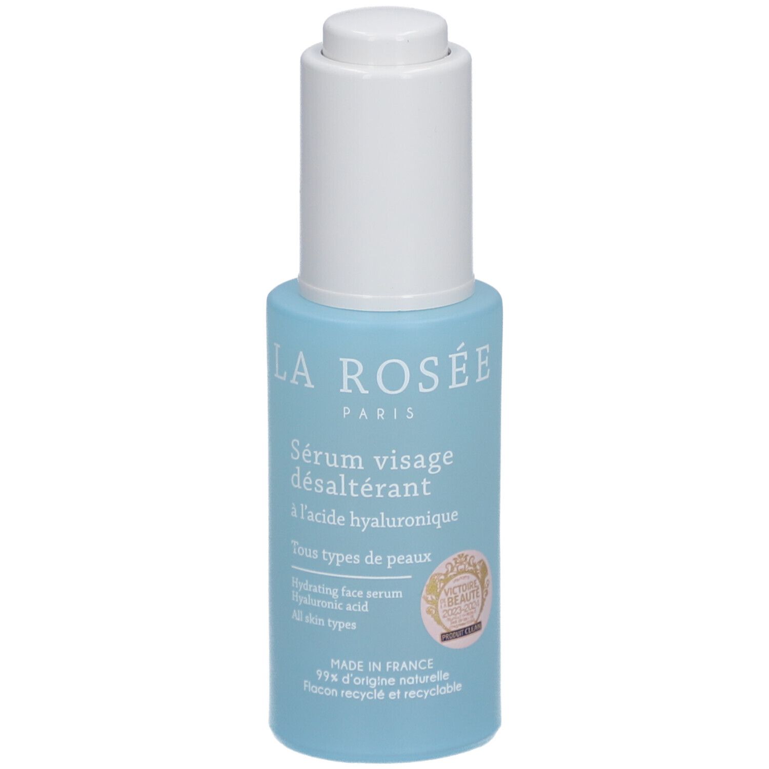 Hellblaue Flasche mit weißem Deckel. Aufschrift: La Rosée, Sérum visage désaltérant à l'acide hyaluronique. Mit Zertifizierung.