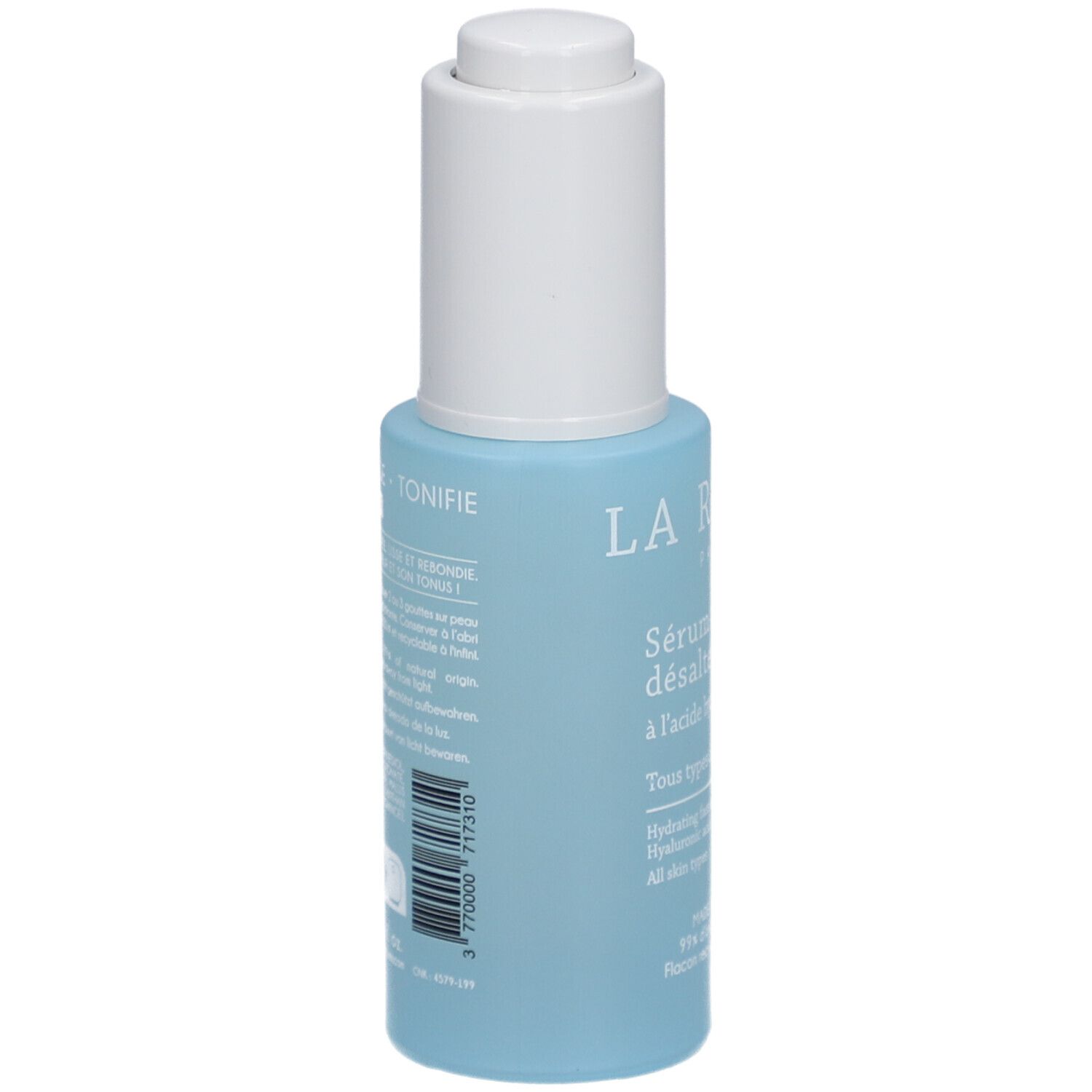 Hellblaue Flasche mit weißem Deckel. Aufschrift: La Rosée, Sérum visage désaltérant. Rückseite mit Produktinformationen und Barcode.