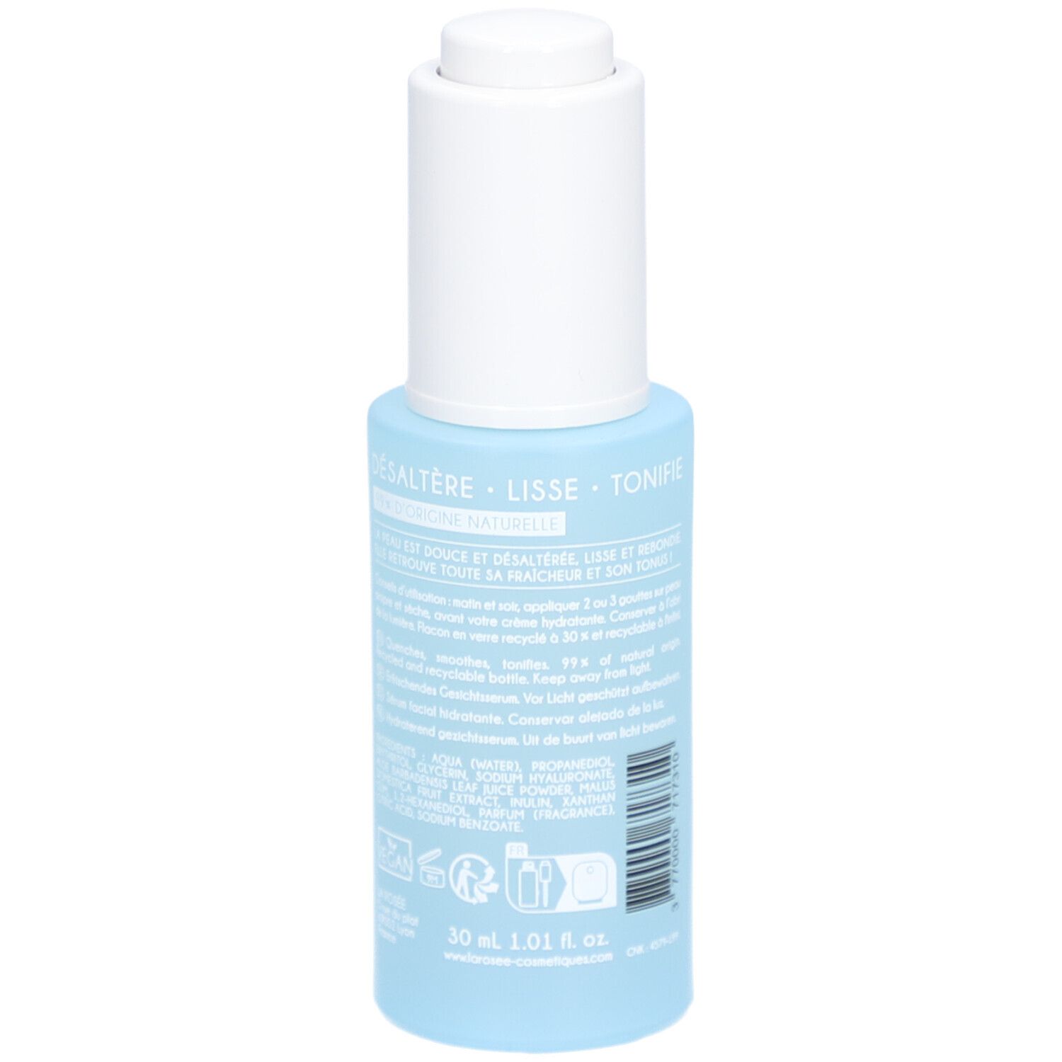 Hellblaue Flasche mit weißem Deckel. Rückseite mit Produktinformationen, Inhaltsstoffen und Volumenangabe: 30 ml.