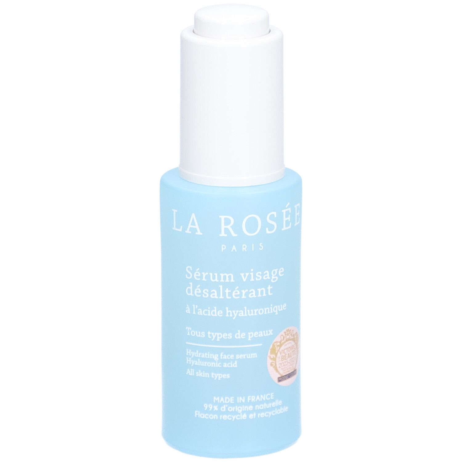 Hellblaue Flasche mit weißem Deckel. Aufschrift: La Rosée, Sérum visage désaltérant à l'acide hyaluronique. Mit Zertifizierung.