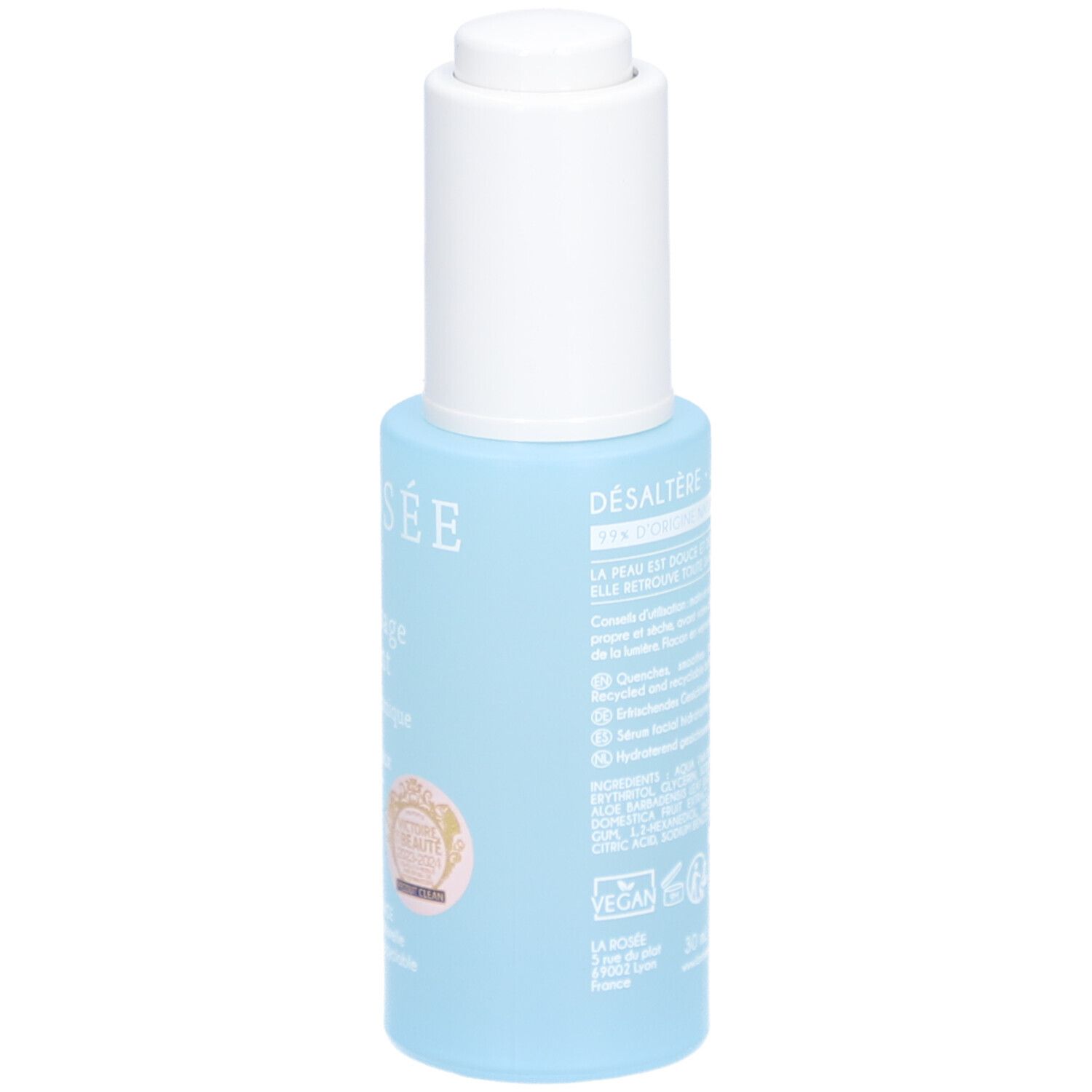 Hellblaue Flasche mit weißem Deckel. Aufschrift: La Rosée, Sérum visage désaltérant. Rückseite mit Produktinformationen und Zertifizierung.