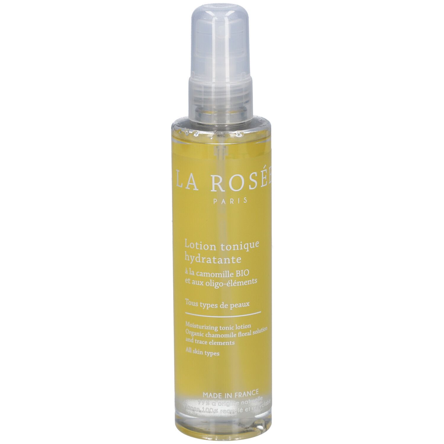Flacon de lotion tonique avec vaporisateur. Liquide jaune, impression blanche: LA ROSÉE PARIS. Texte: Lotion tonique hydratante.