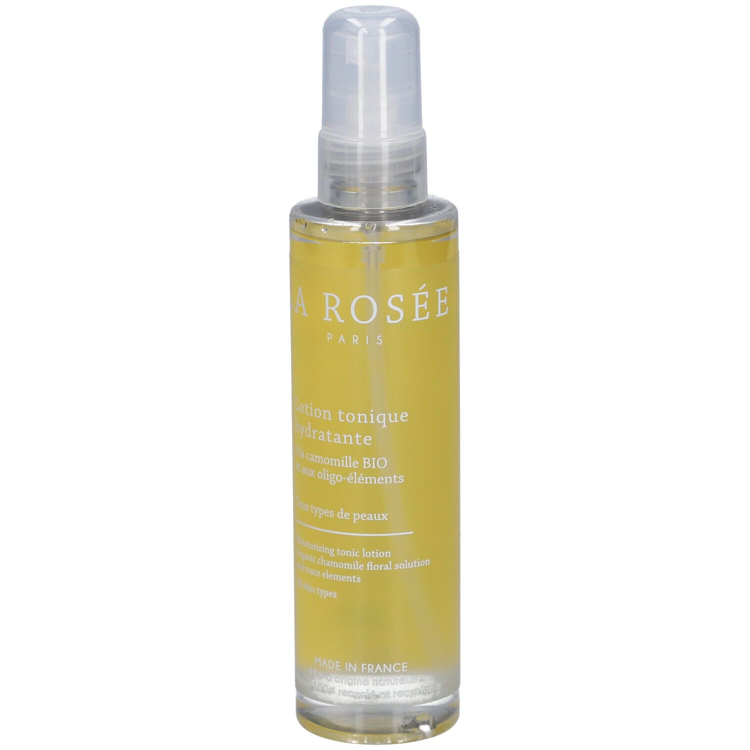 Flacon de lotion tonique avec vaporisateur. Liquide jaune, impression blanche: LA ROSÉE PARIS. Texte: Lotion tonique hydratante.