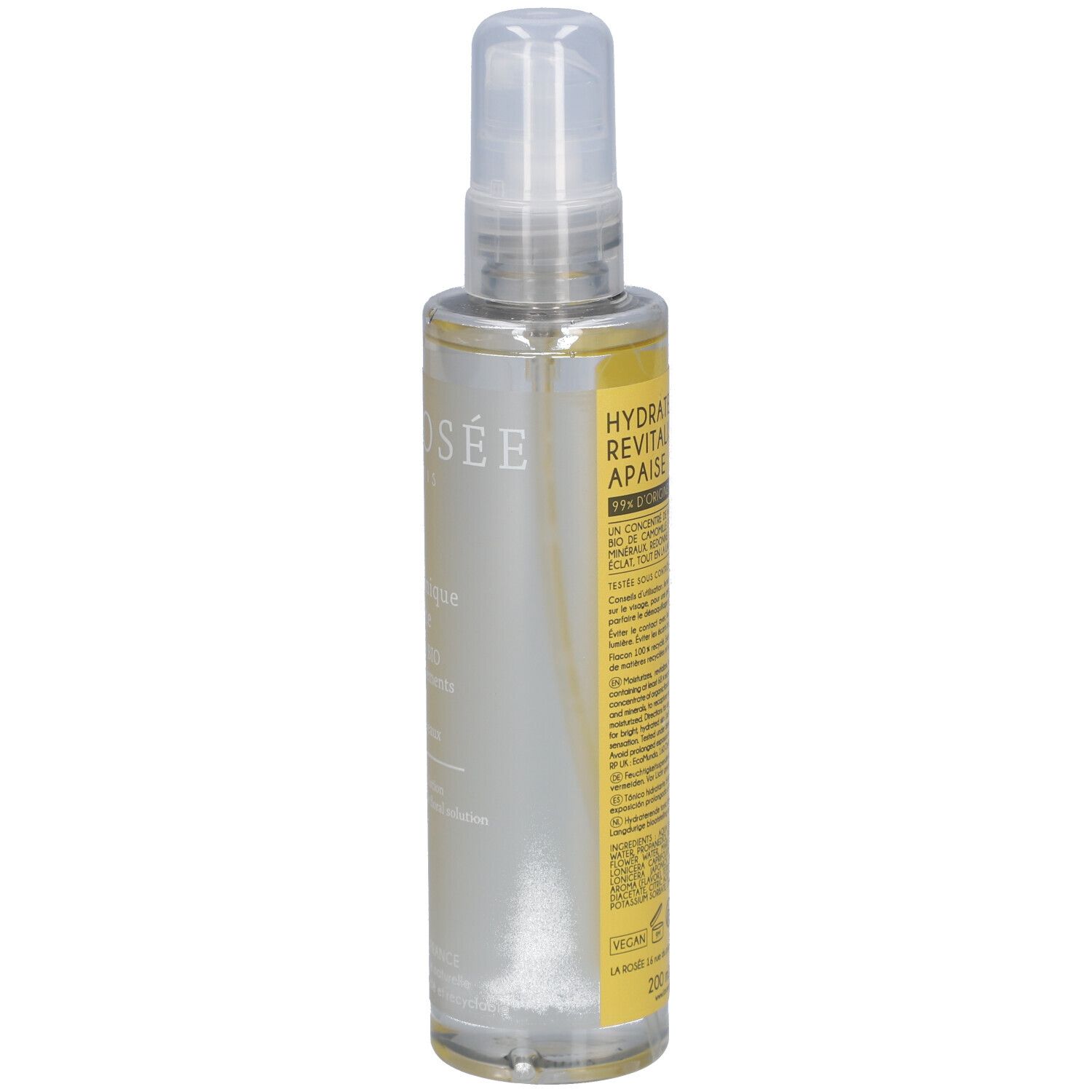Flacon de lotion tonique avec vaporisateur. Dos avec étiquette jaune et texte. LA ROSÉE PARIS. 200 ml.