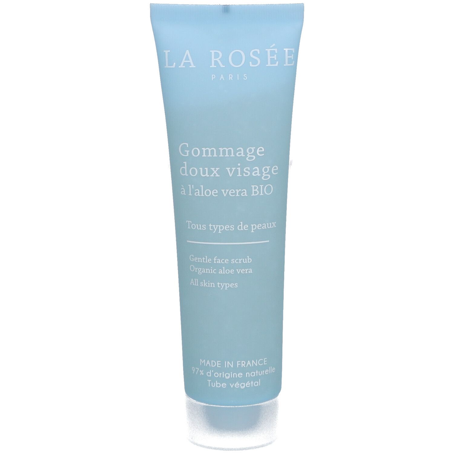 Hellblaues Tuben-Gesichtspeeling mit Text. "La Rosée"-Logo. "Gommage doux visage à l'aloe vera BIO"-Text. Für alle Hauttypen.