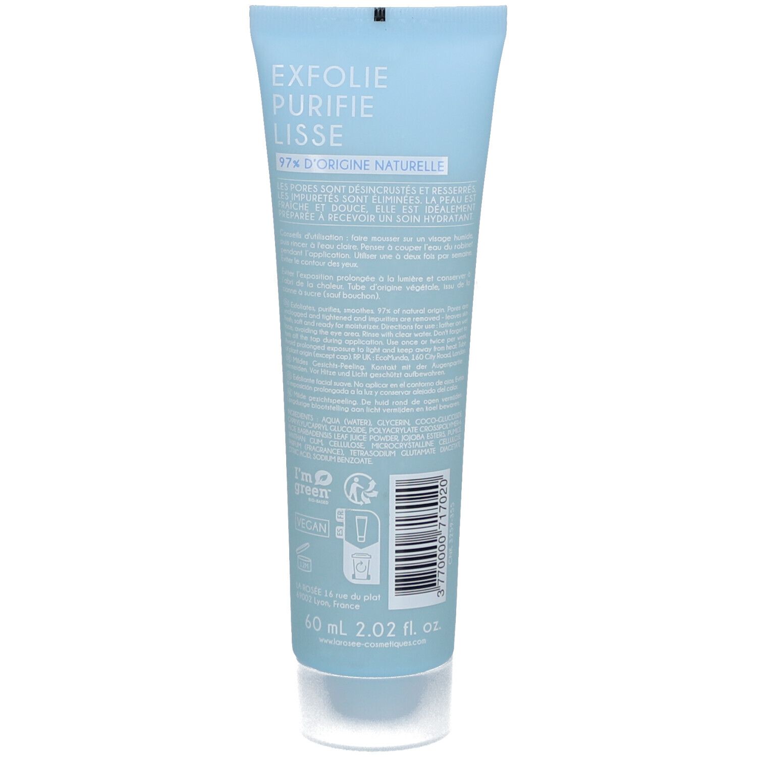 Rückseite der hellblauen Tuben-Gesichtspeeling. Text: "Exfolie, purifie, lisse". 97% natürliche Inhaltsstoffe. 60 ml.